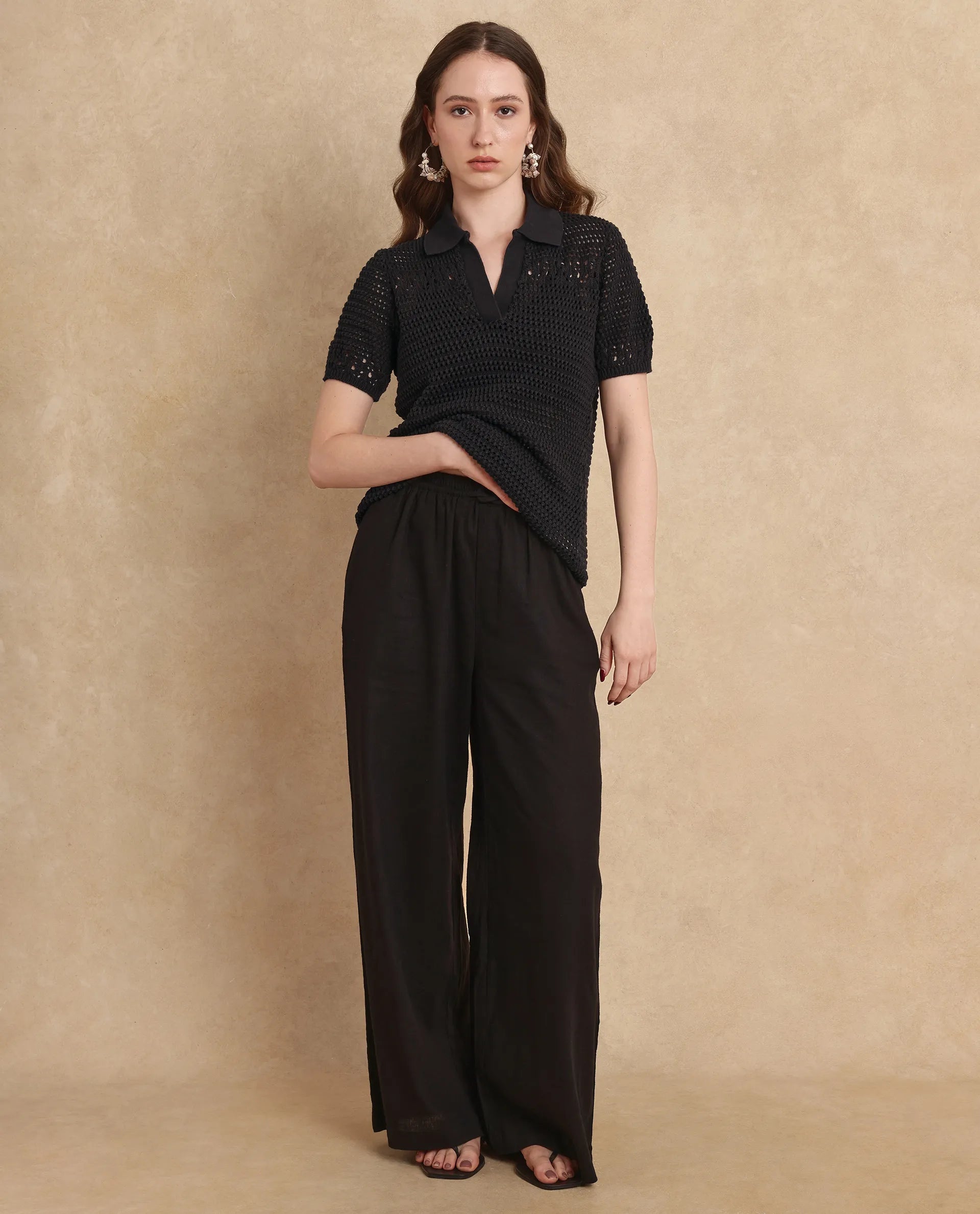 Rareism Women Jantuda Black Rayon Nylon Fabric Regular Sleeve Overlap Neck Regular Fit Plain Top