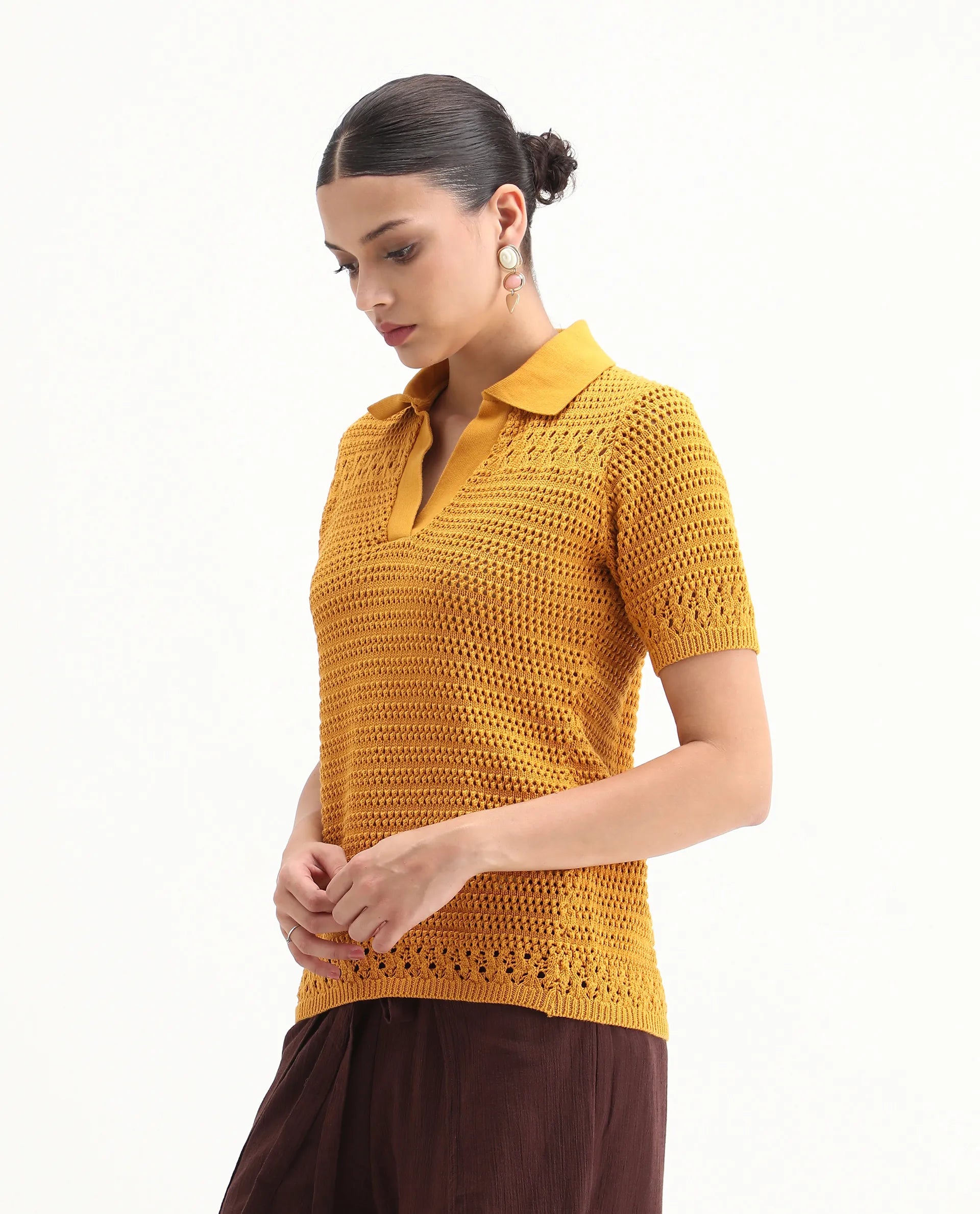Rareism Women's Jantuda Dusky Mustard Cotton Johnny Collar Plain Relaxed Fit Top