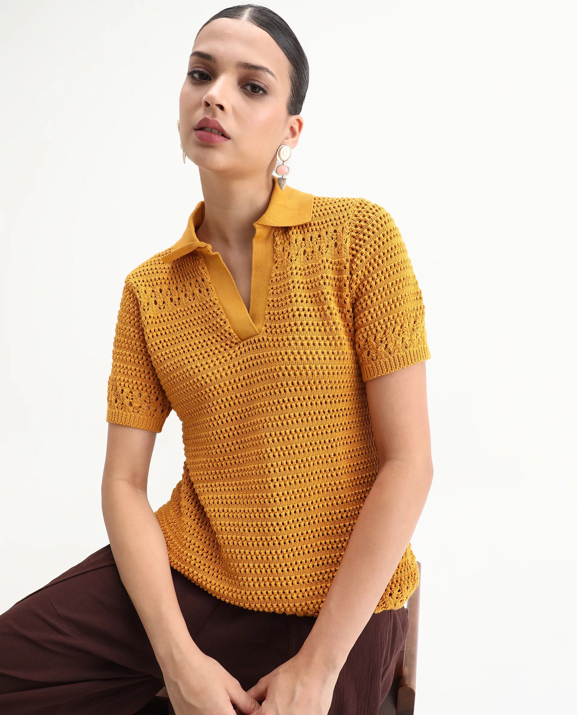 Rareism Women's Jantuda Dusky Mustard Cotton Johnny Collar Plain Relaxed Fit Top