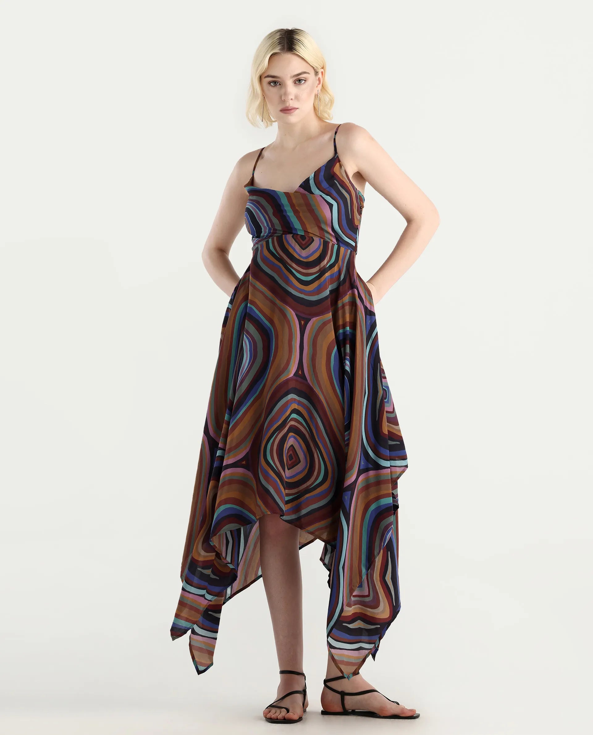 Rareism Women's Janudya Dark Multi Viscose Cowl Neck Abstract Print Sleeveless Maxi Fit And Flare Dress