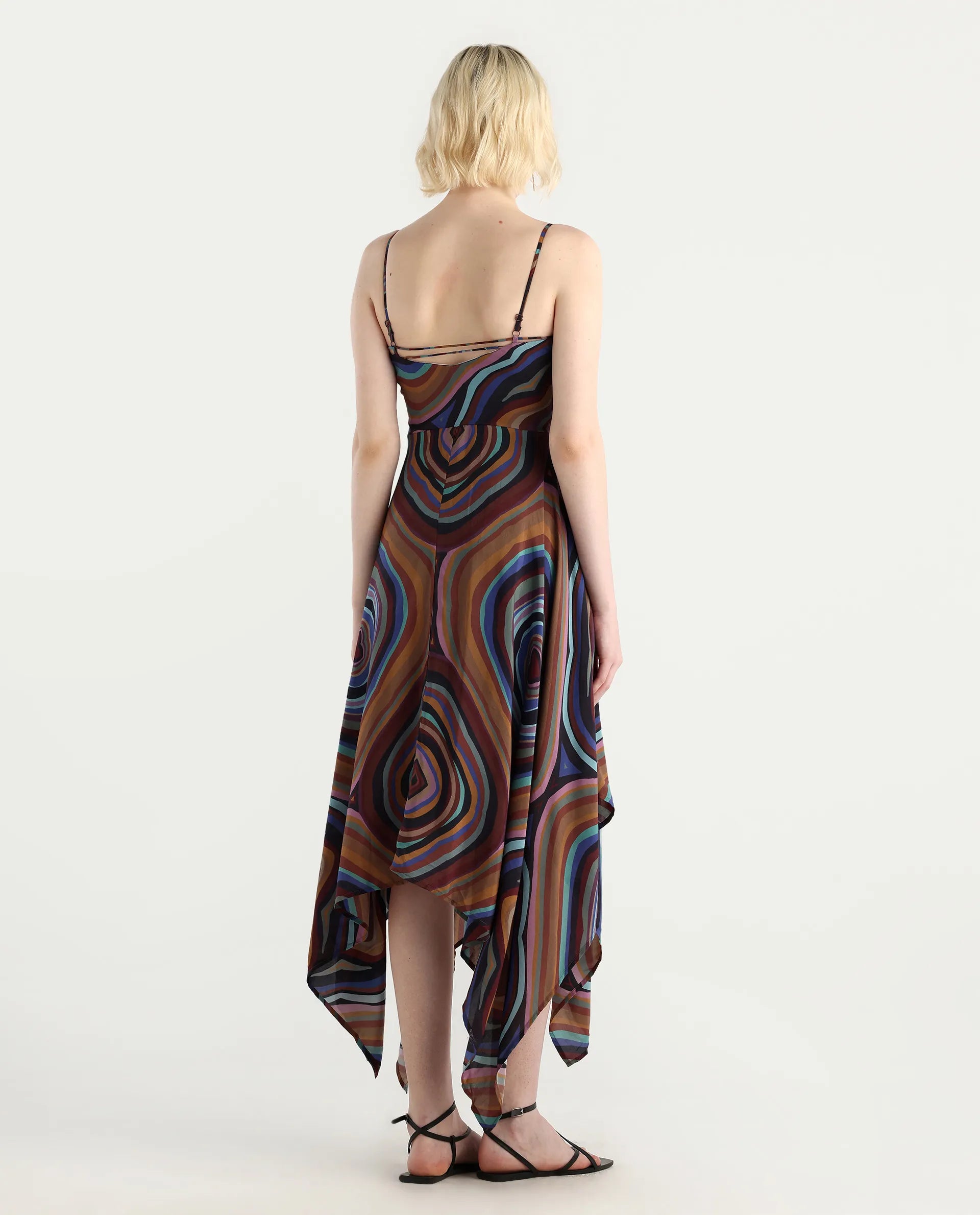 Rareism Women's Janudya Dark Multi Viscose Cowl Neck Abstract Print Sleeveless Maxi Fit And Flare Dress