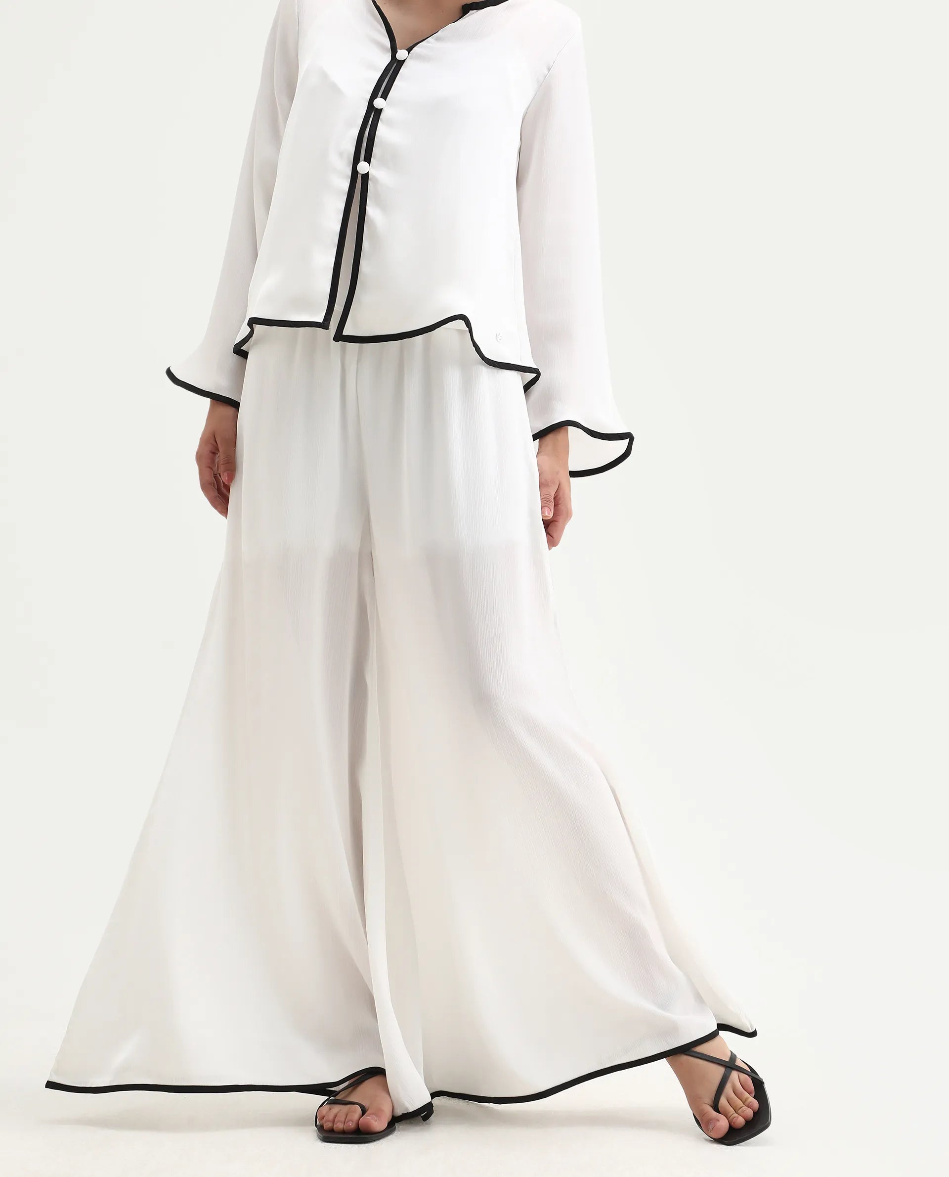 Rareism Women's Janula B White Polyester Plain Ankle Length Flared Trouser