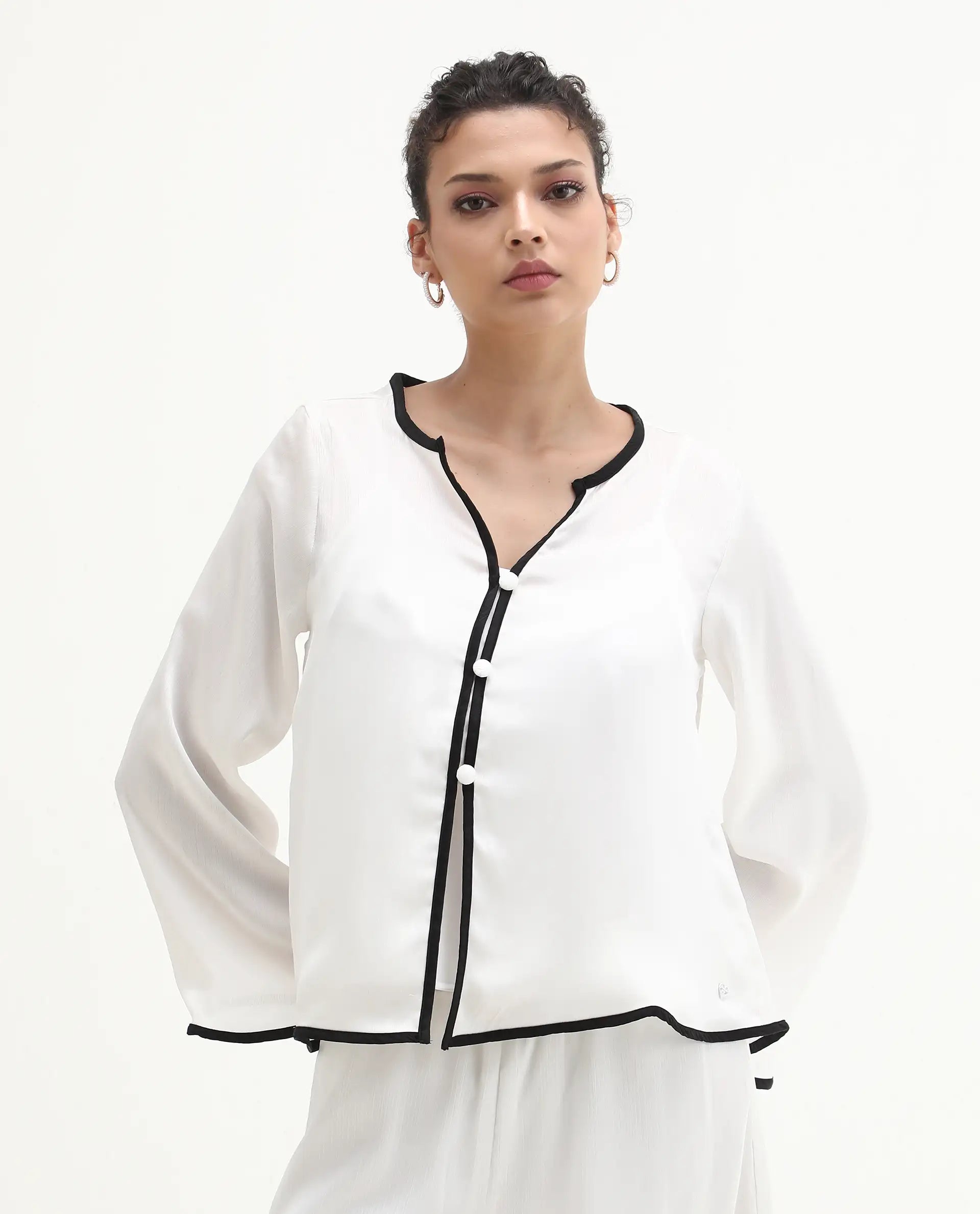 Rareism Women's Janula T White Polyester Round Neck Plain Bell Sleeve Regular Fit Top