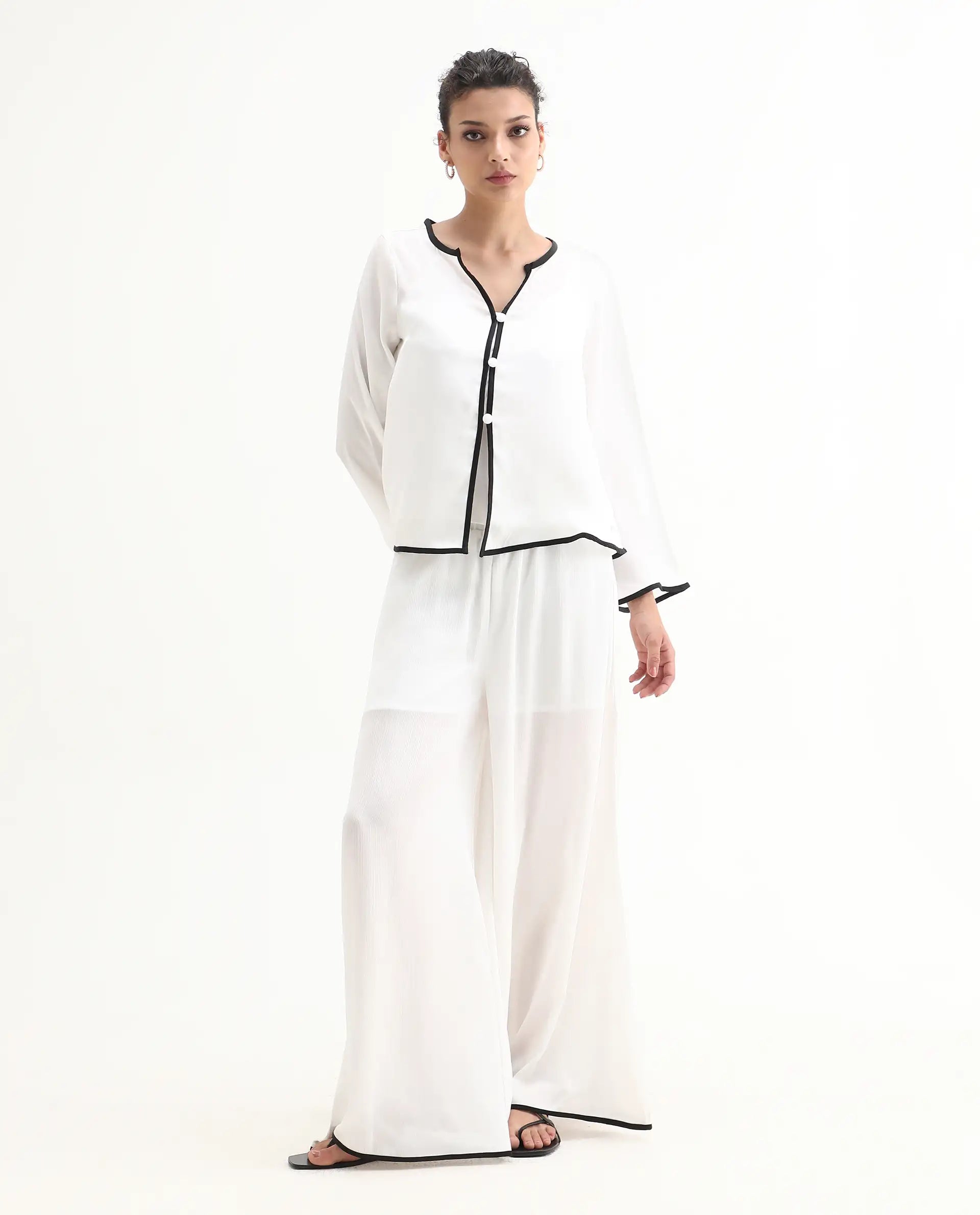 Rareism Women's Janula T White Polyester Round Neck Plain Bell Sleeve Regular Fit Top