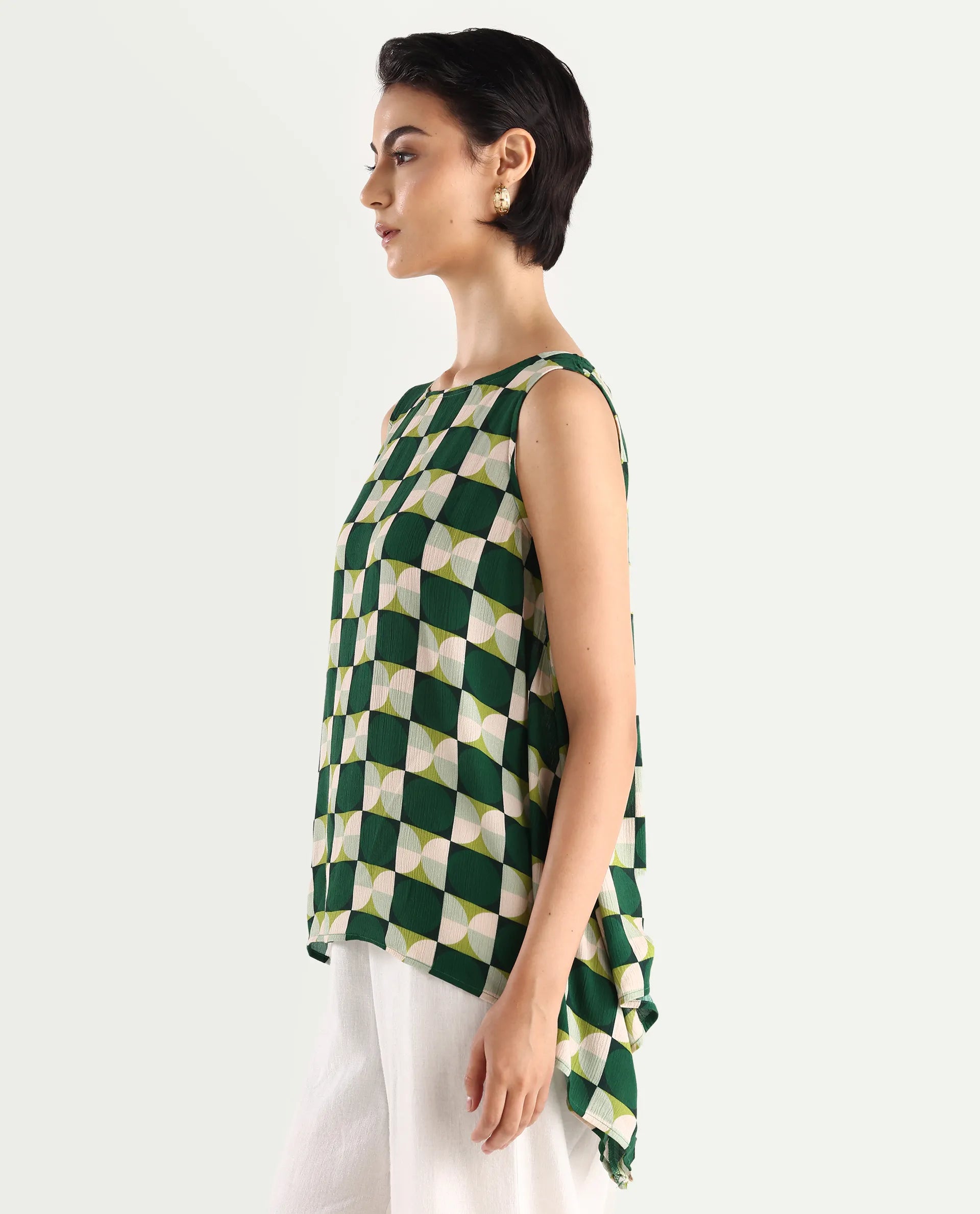 Rareism Women's Janus Dark Multi Rayon Crew Neck Geometric Print Sleeveless Regular Fit Top