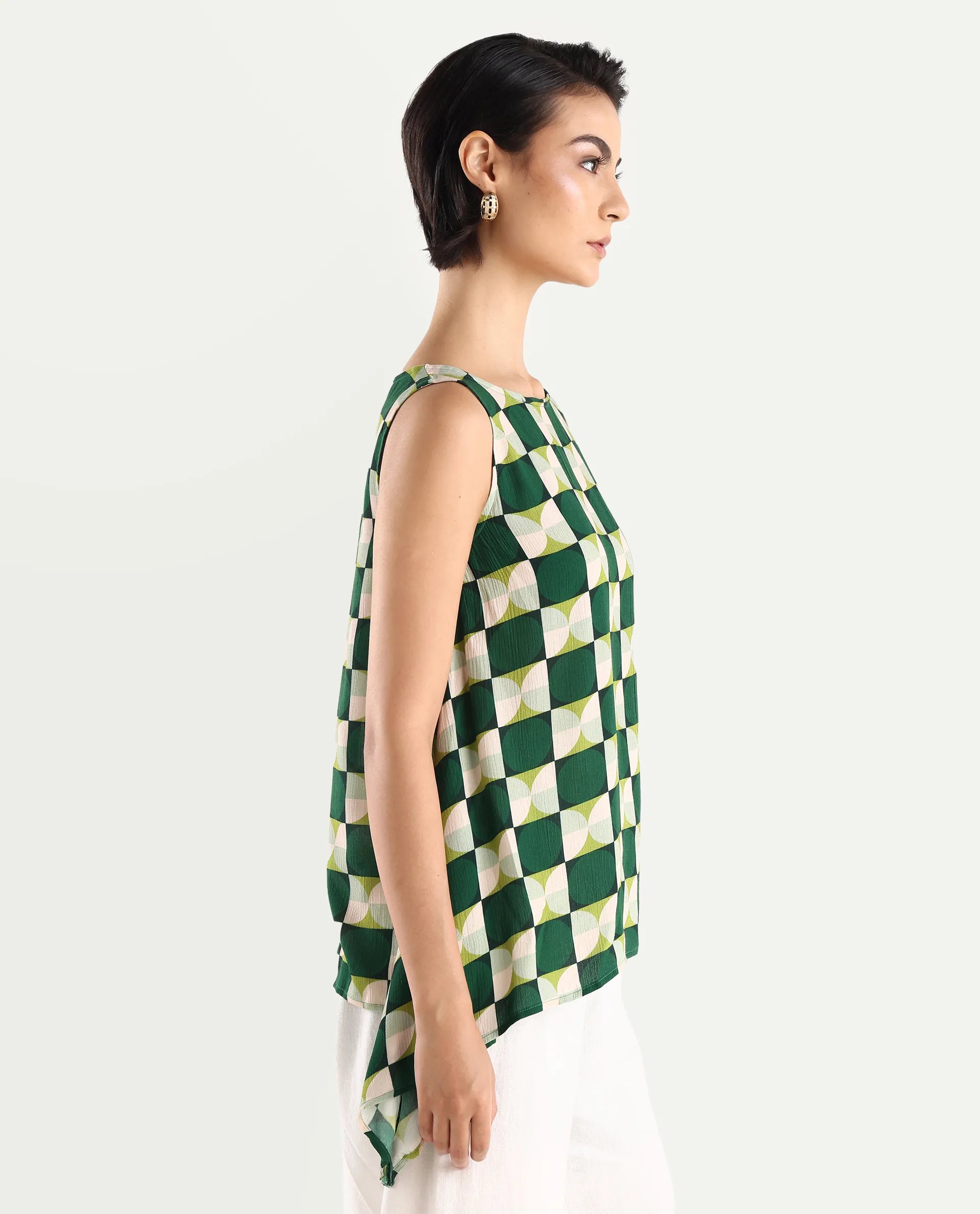 Rareism Women's Janus Dark Multi Rayon Crew Neck Geometric Print Sleeveless Regular Fit Top