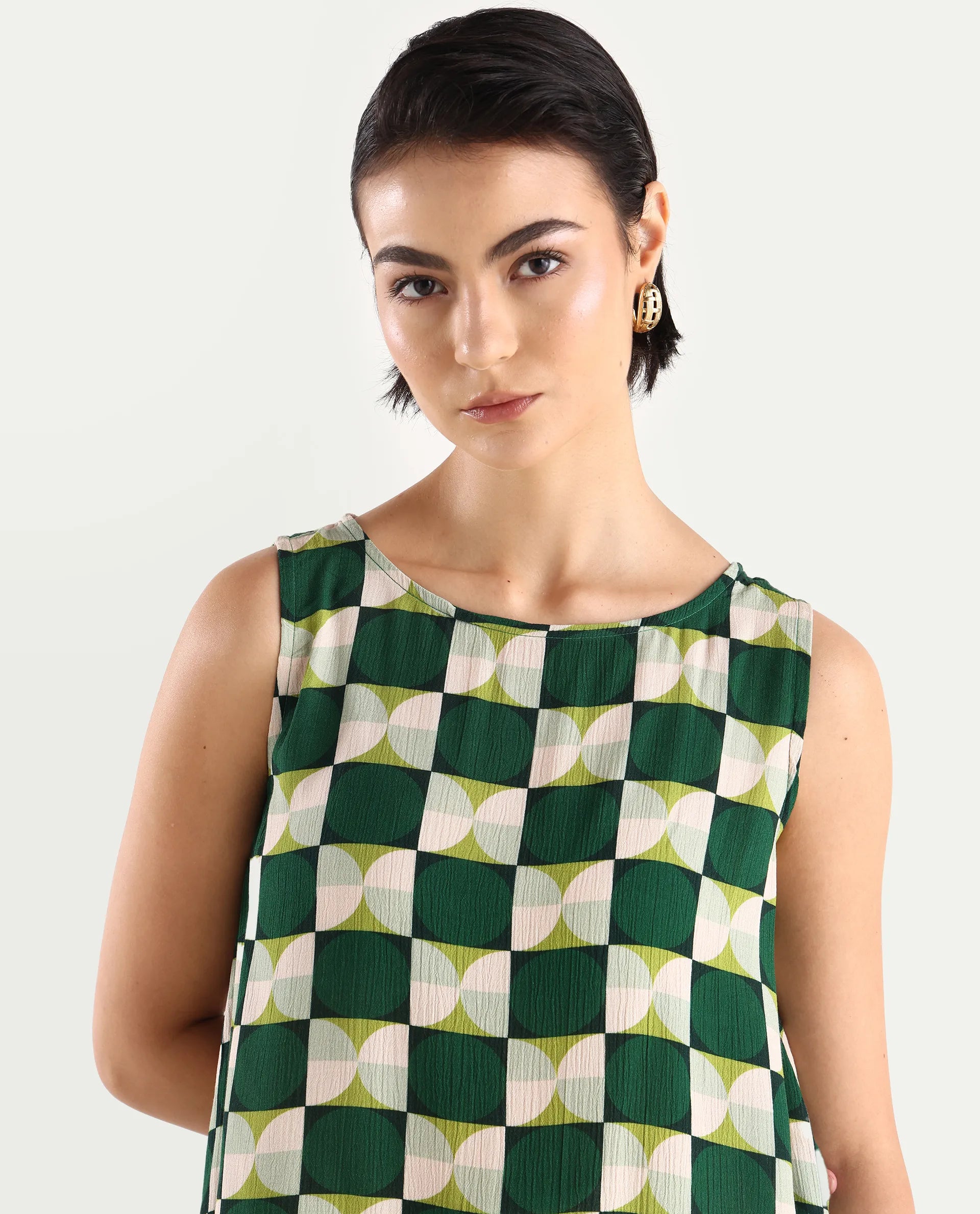 Rareism Women's Janus Dark Multi Rayon Crew Neck Geometric Print Sleeveless Regular Fit Top