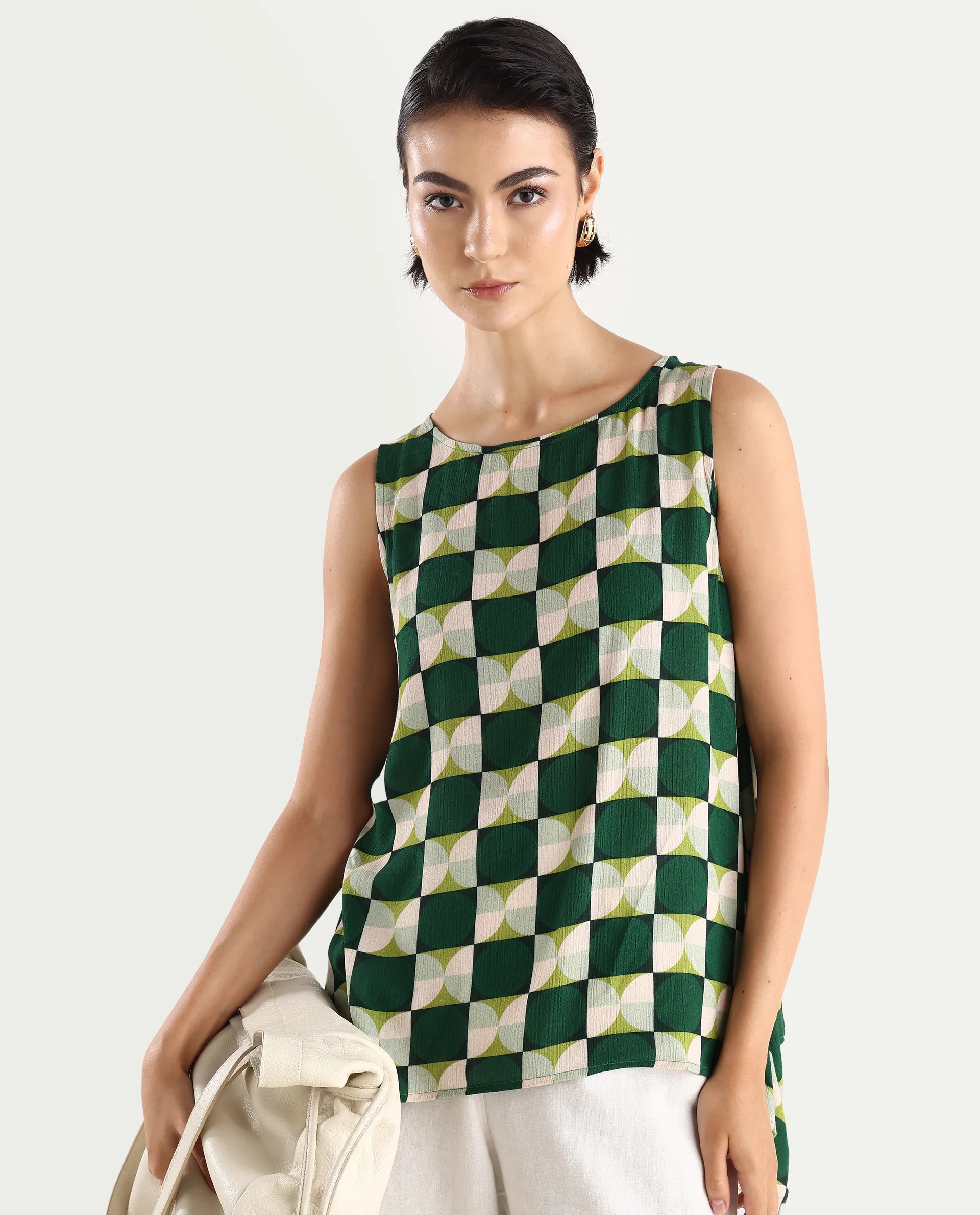 Rareism Women's Janus Dark Multi Rayon Crew Neck Geometric Print Sleeveless Regular Fit Top