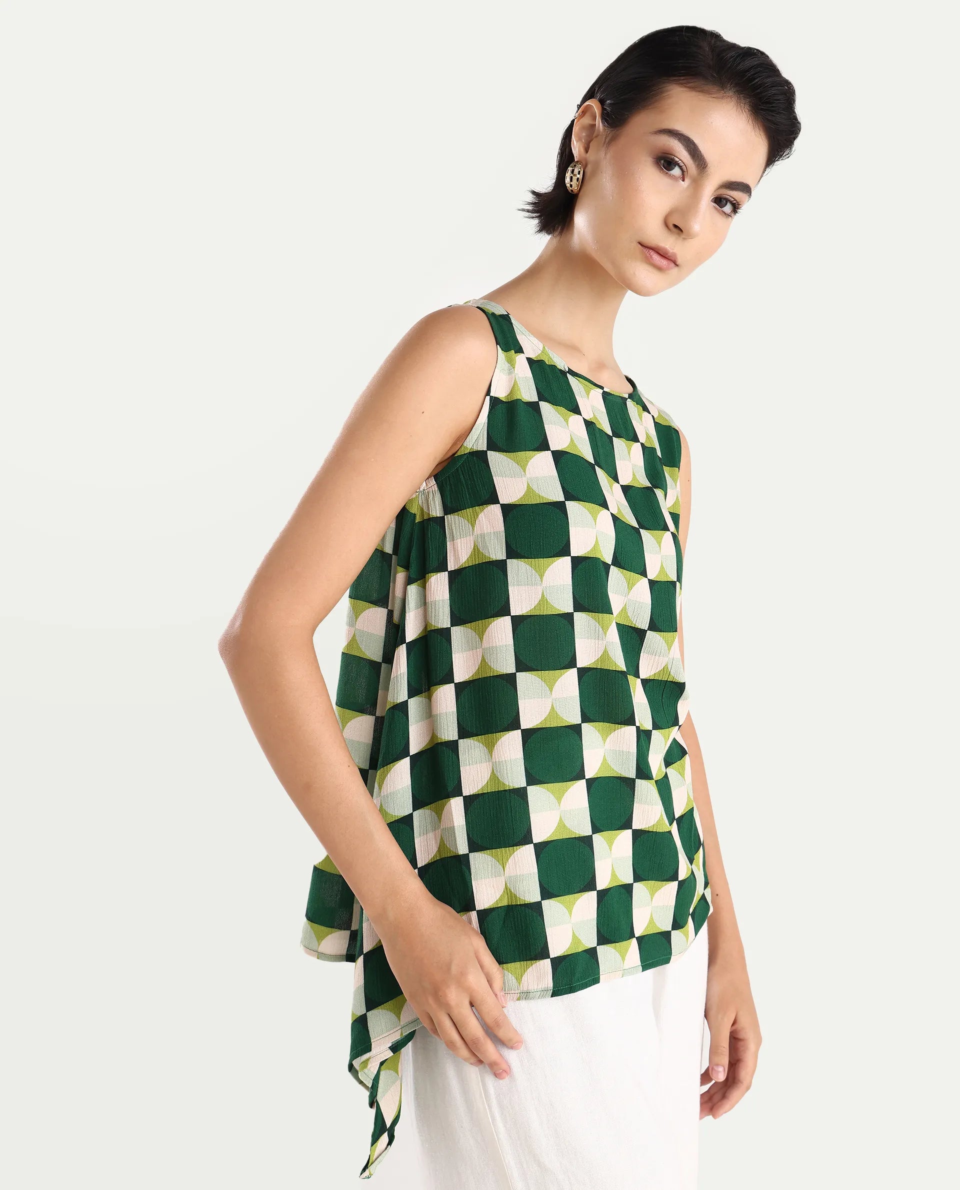 Rareism Women's Janus Dark Multi Rayon Crew Neck Geometric Print Sleeveless Regular Fit Top