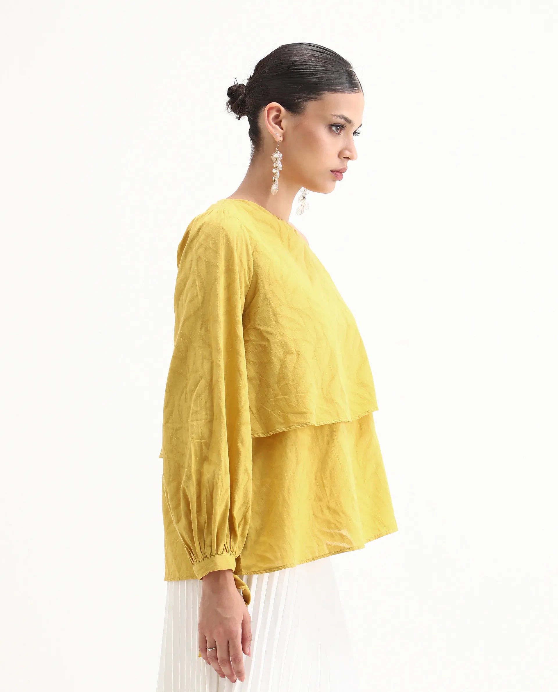 Rareism Women's Janvipi Mustard Cotton One Shoulder Plain Relaxed Fit Top
