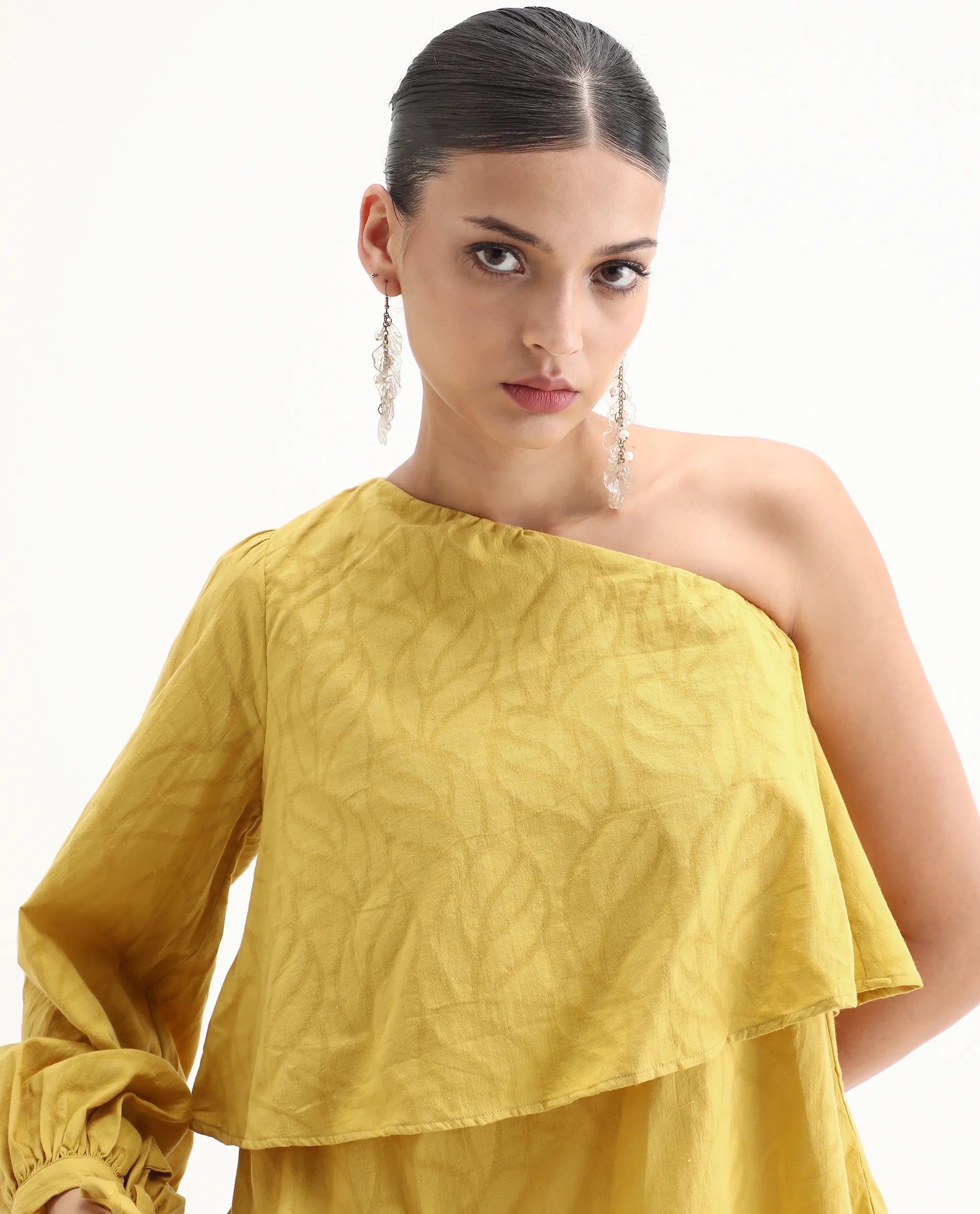 Rareism Women's Janvipi Mustard Cotton One Shoulder Plain Relaxed Fit Top