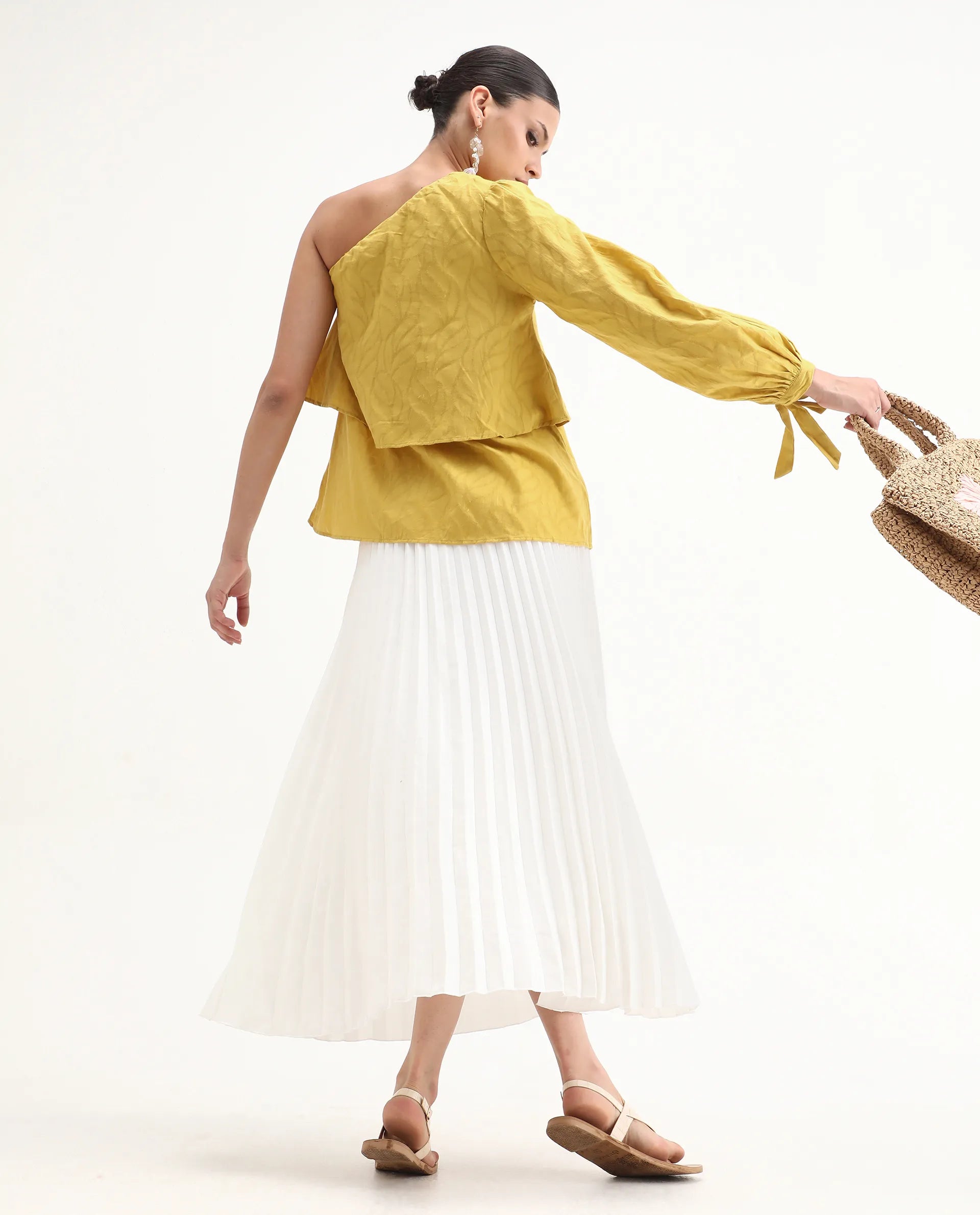 Rareism Women's Janvipi Mustard Cotton One Shoulder Plain Relaxed Fit Top