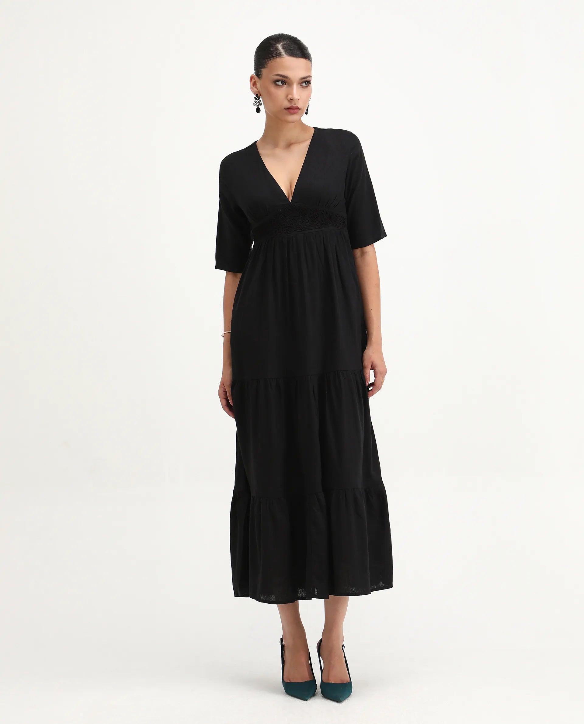 Rareism Women's Janyaka Black Linen V-Neck Plain Maxi Fit And Flare Dress