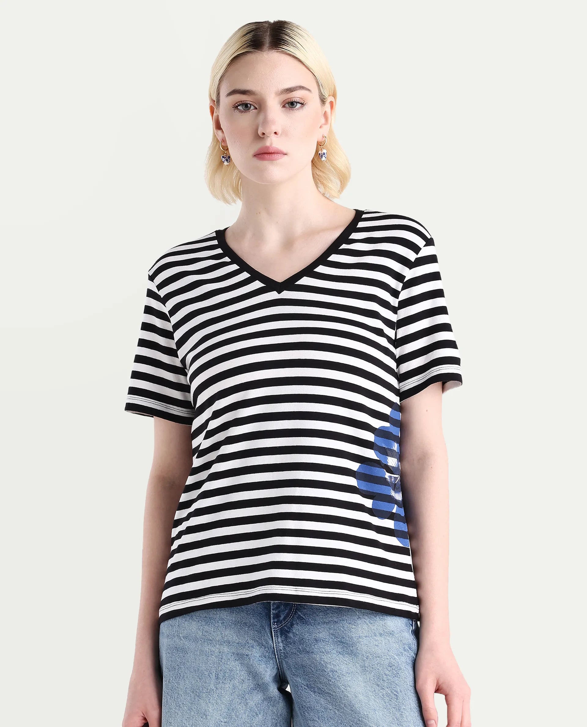 Rareism Women's Janyan Off White Cotton Blend V-Neck Striped Regular Fit T-Shirt