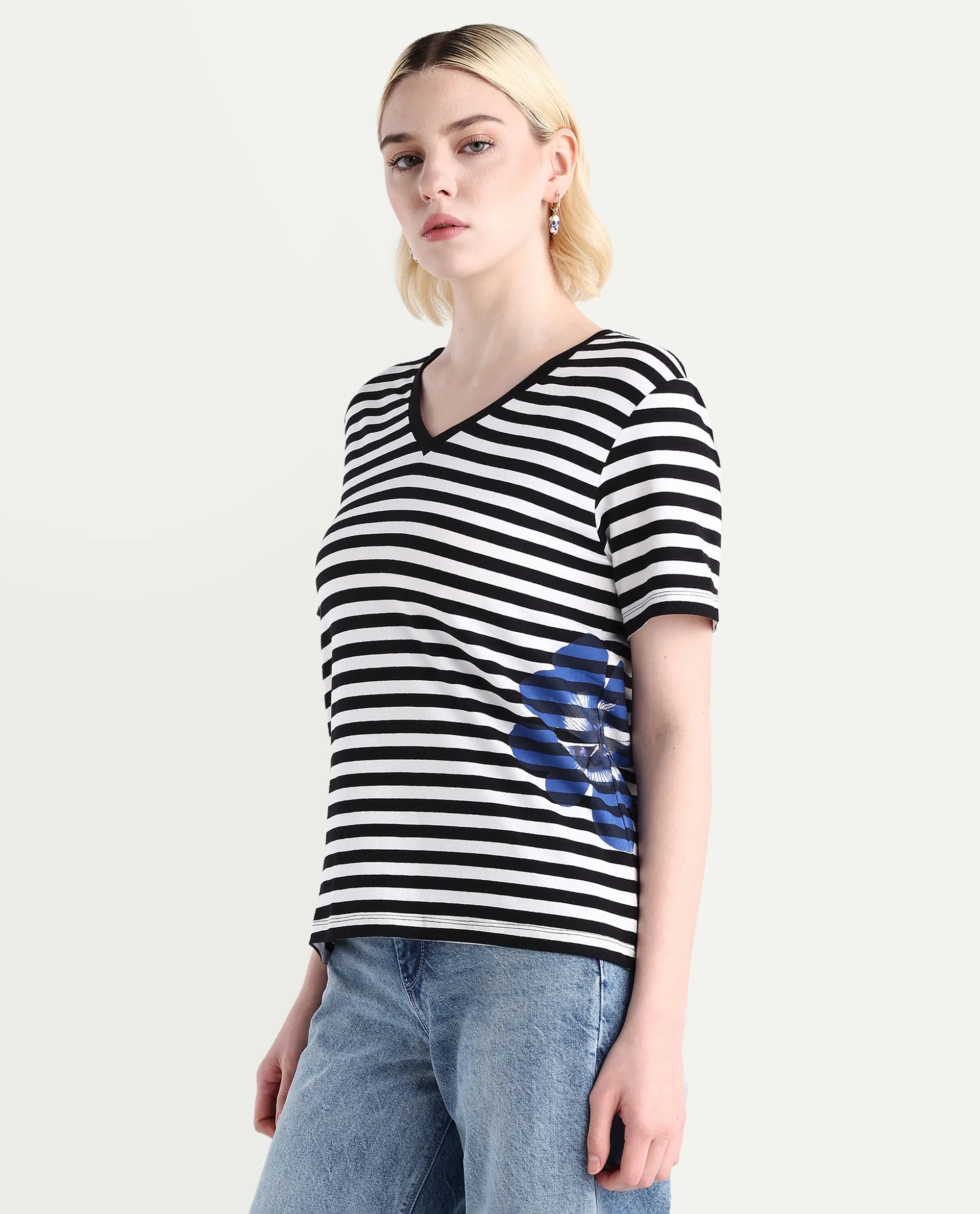 Rareism Women's Janyan Off White Cotton Blend V-Neck Striped Regular Fit T-Shirt