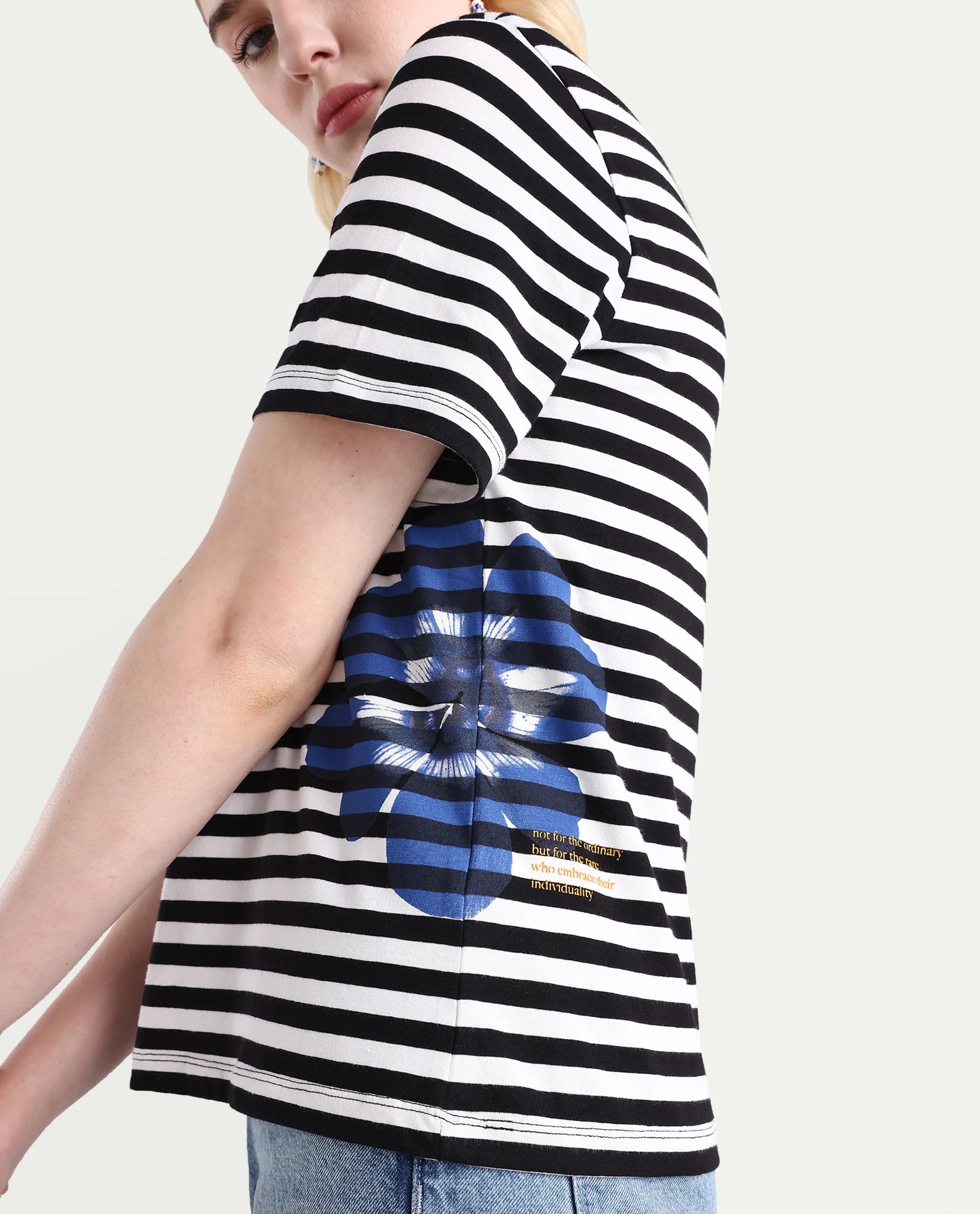 Rareism Women's Janyan Off White Cotton Blend V-Neck Striped Regular Fit T-Shirt