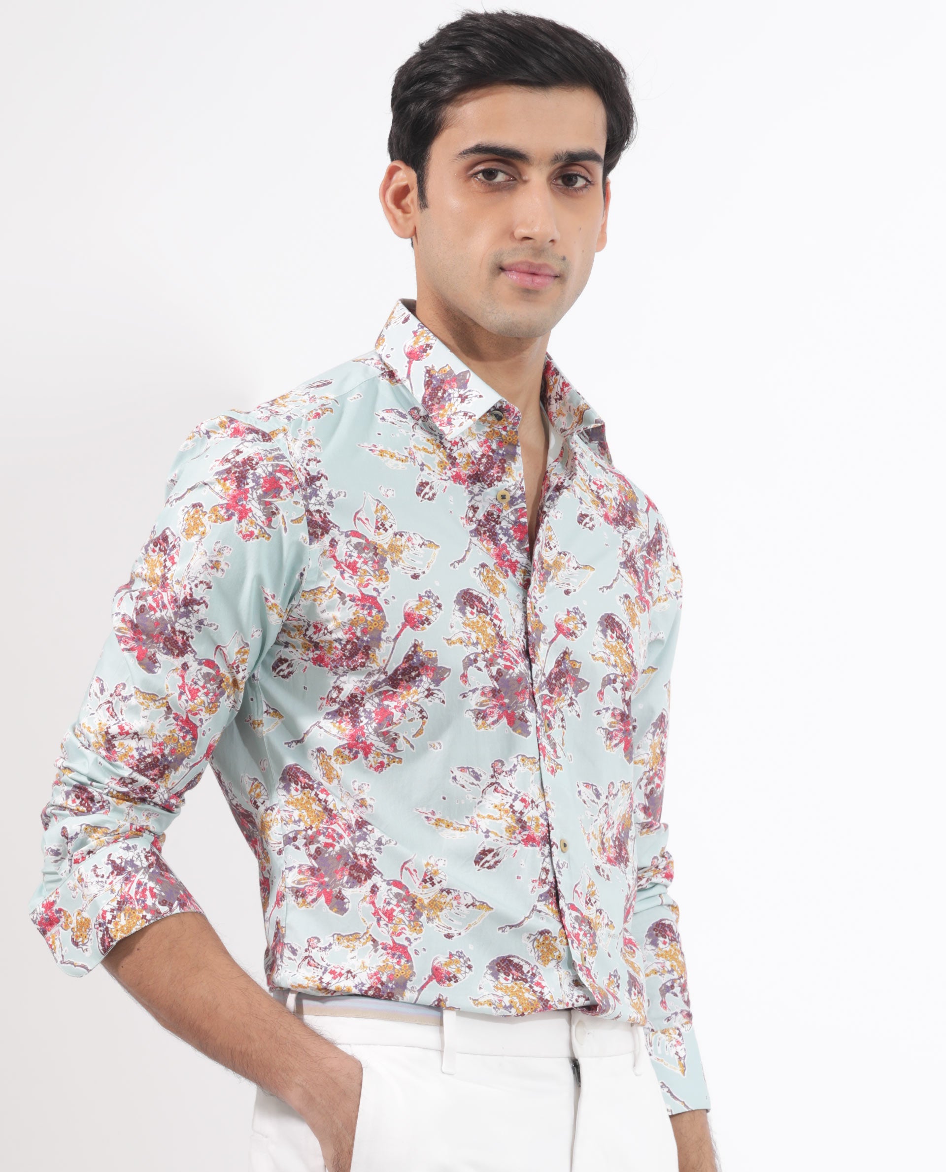 Rare Rabbit Jaqenn Primary Turq Cotton Fabric Full Sleeves Floral Print Shirt