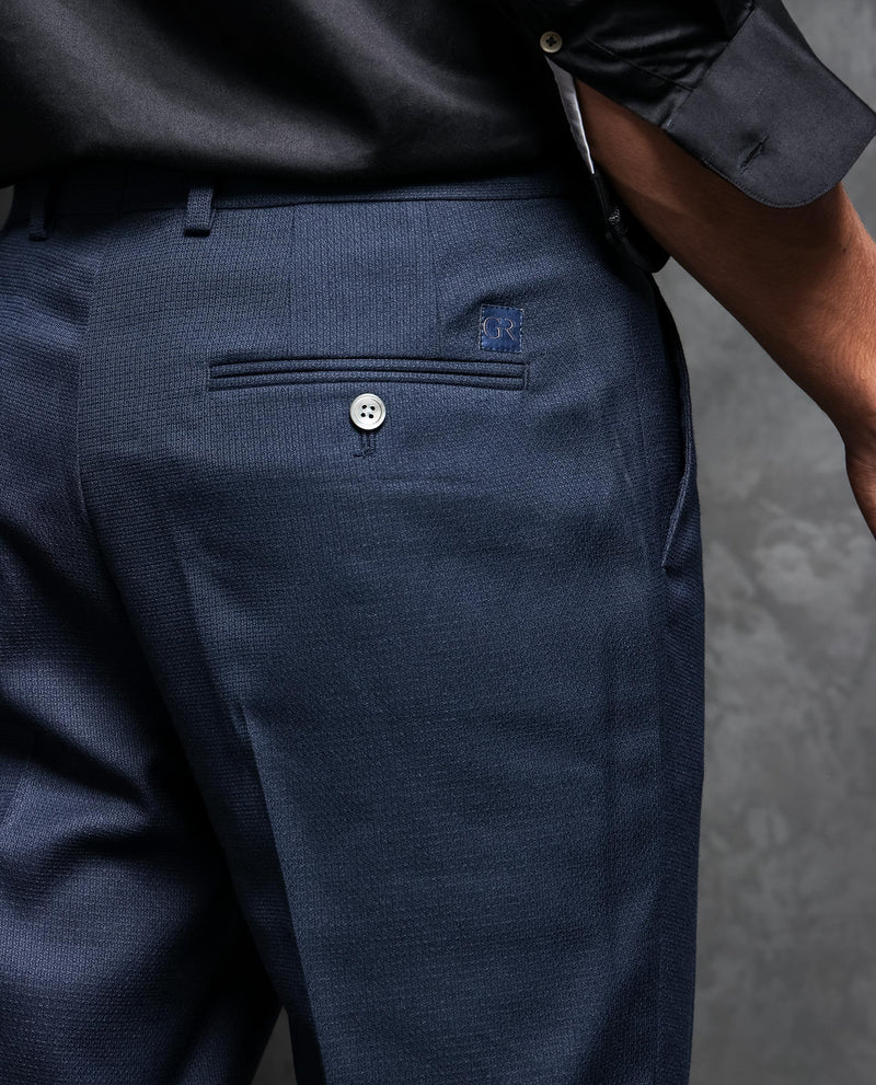 Rare Rabbit Men's Jardin Dark Navy Polyester Viscose Fabric Notch Lapel Button Closure Single Breasted Textured Suits