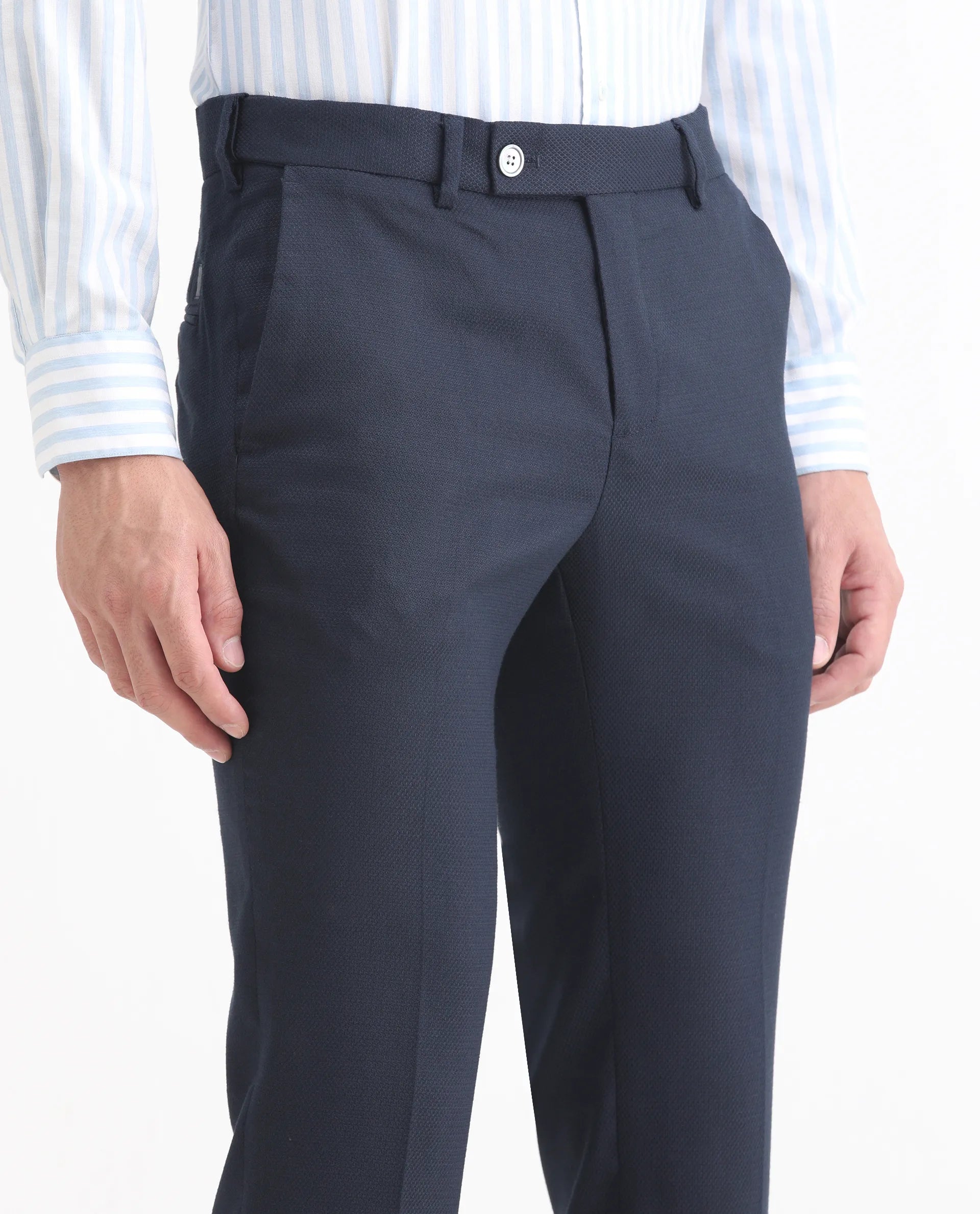 Rare Rabbit Men's Jardin Dark Navy Polyester Plain Tailored Fit Full Sleeve Lapel Neck Suits