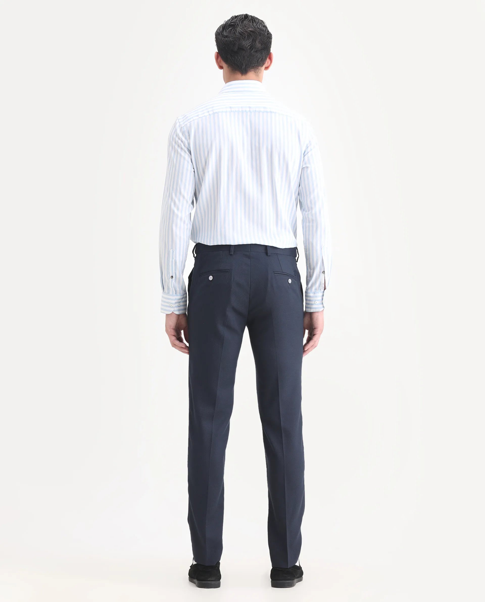 Rare Rabbit Men's Jardin Dark Navy Polyester Plain Tailored Fit Full Sleeve Lapel Neck Suits