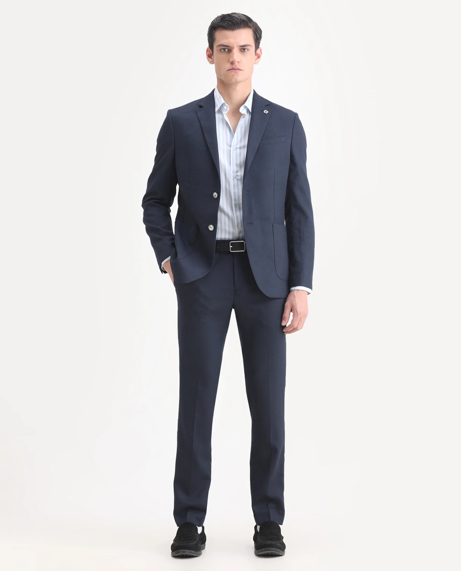 Rare Rabbit Men's Jardin Dark Navy Polyester Plain Tailored Fit Full Sleeve Lapel Neck Suits