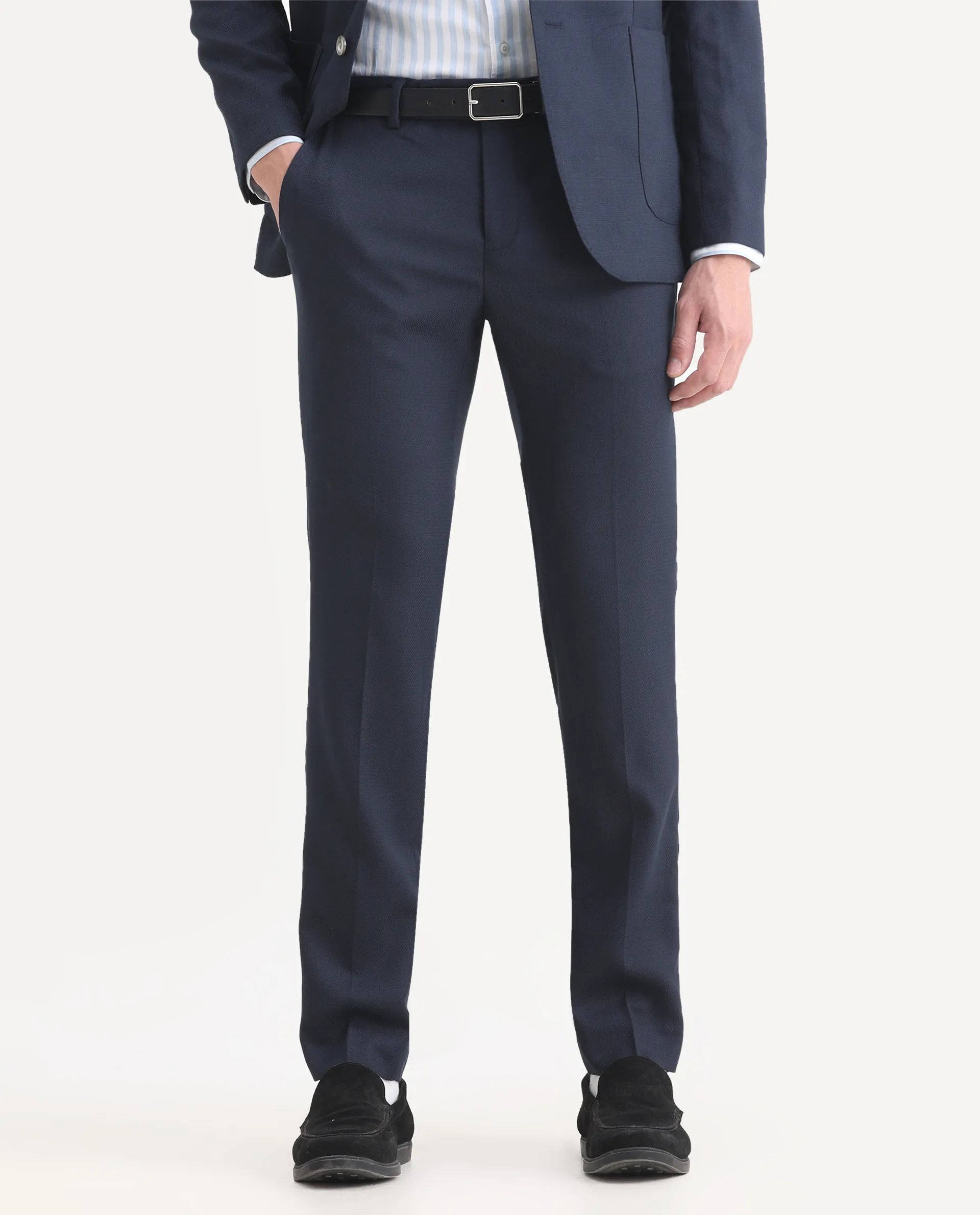 Rare Rabbit Men's Jardin Dark Navy Polyester Plain Tailored Fit Full Sleeve Lapel Neck Suits