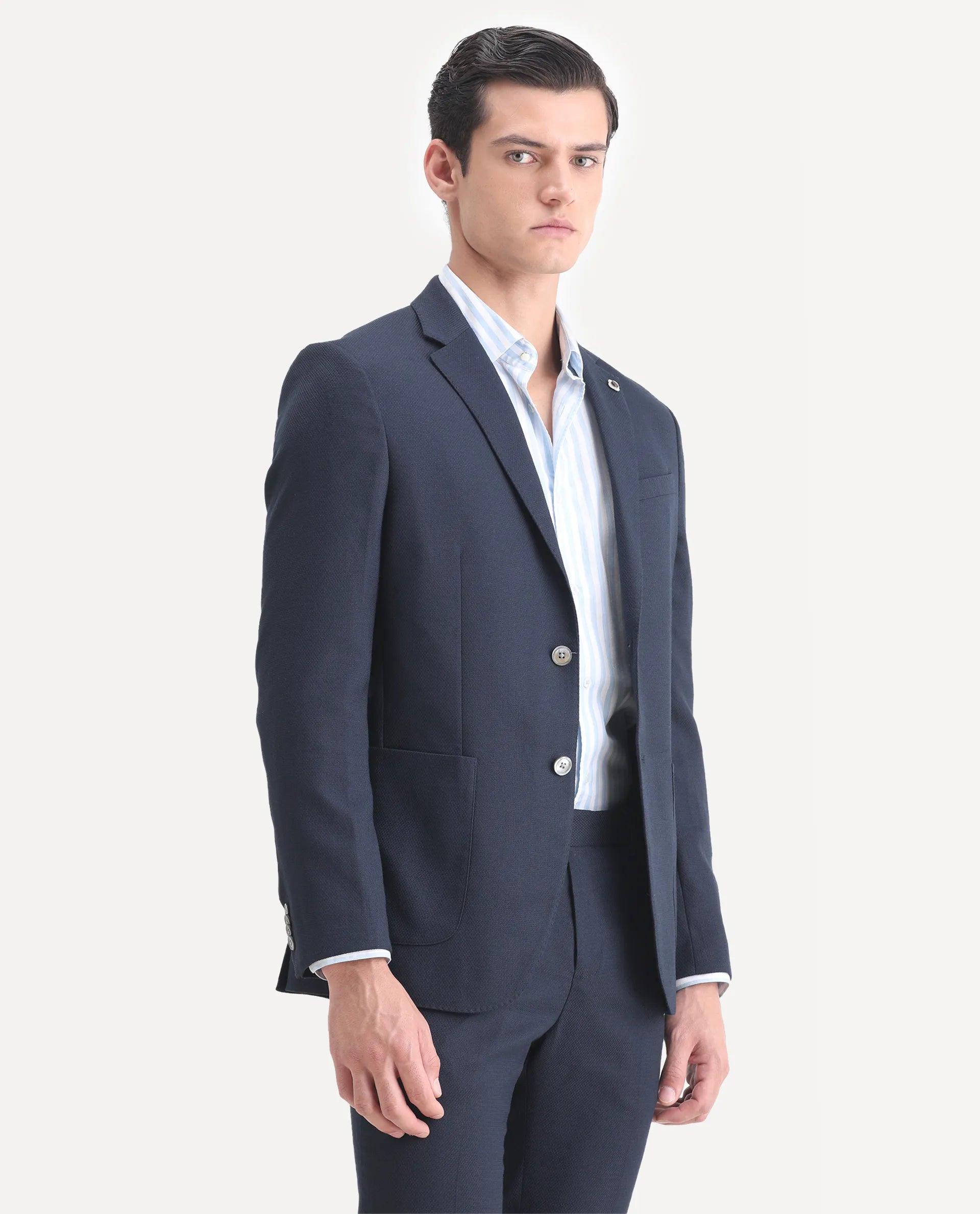 Rare Rabbit Men's Jardin Dark Navy Polyester Plain Tailored Fit Full Sleeve Lapel Neck Suits