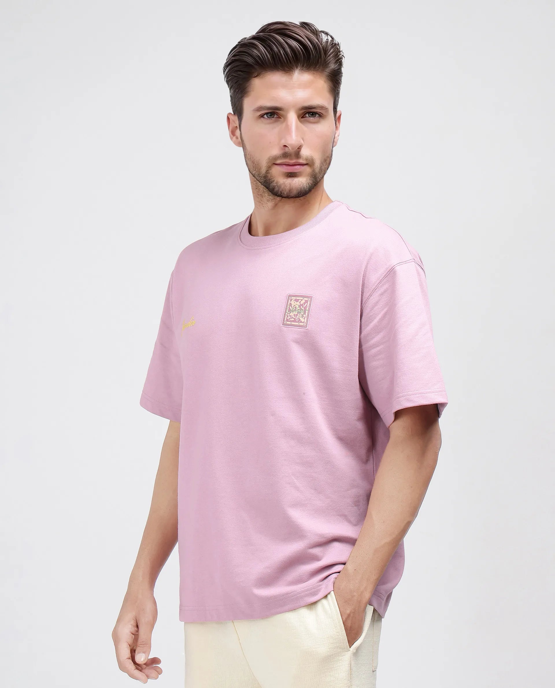Rare Rabbit Men Jardi Pink Cotton Fabric Short Sleeve Slip-On Oversized Fit Printed T-Shirt