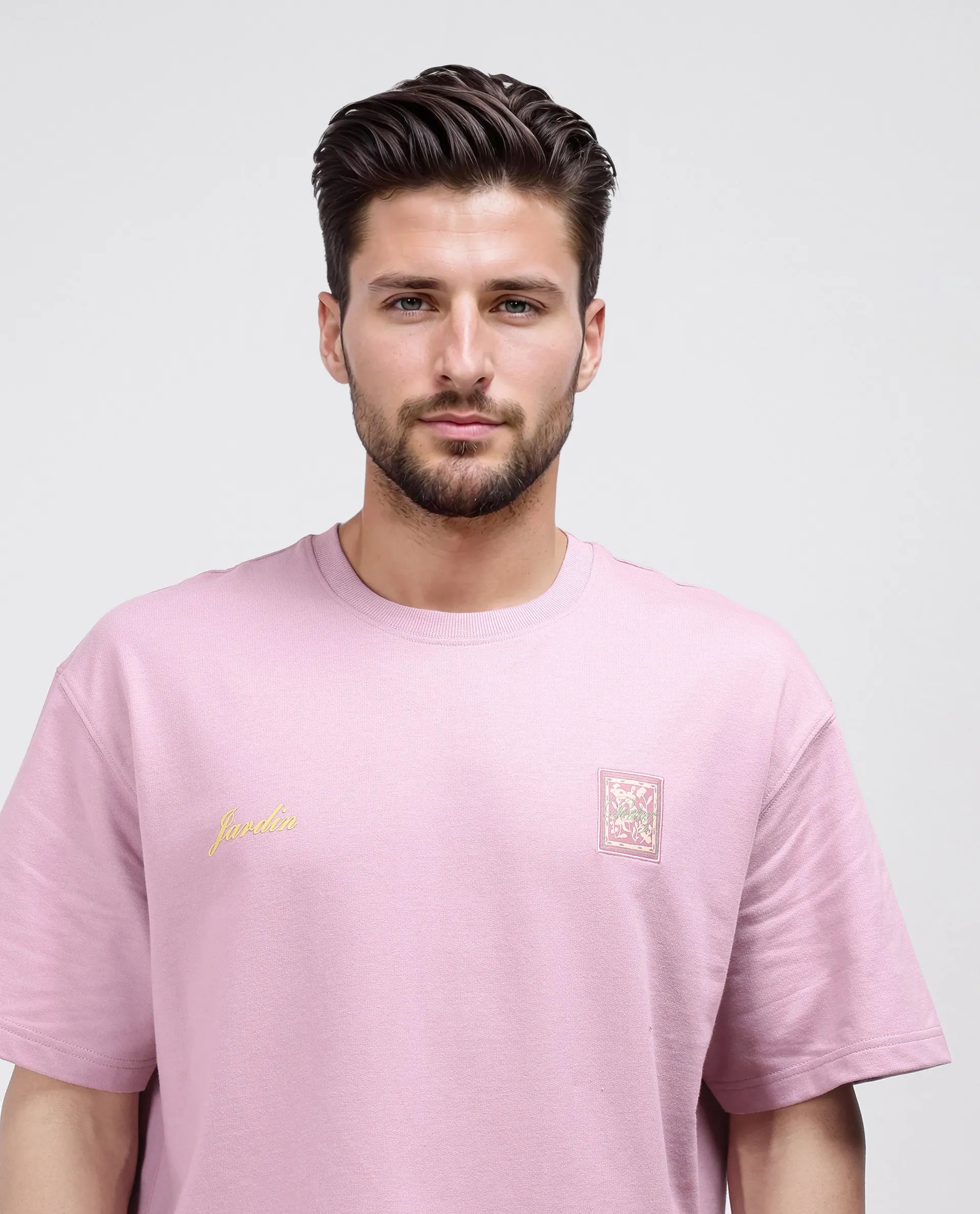 Rare Rabbit Men Jardi Pink Cotton Fabric Short Sleeve Slip-On Oversized Fit Printed T-Shirt