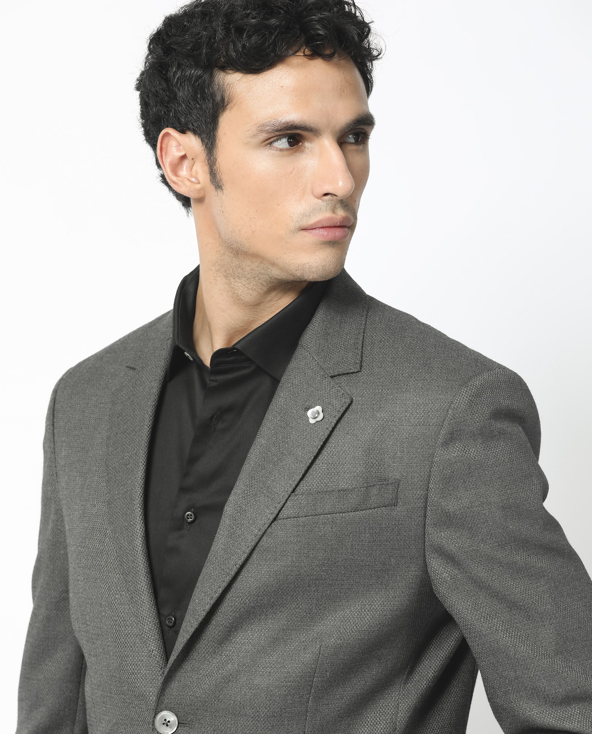 Rare Rabbit Men's Jardo Dark Grey Polyester Viscose Fabric Notch Lapel Single Breasted Tailored Fit Textured Blazer