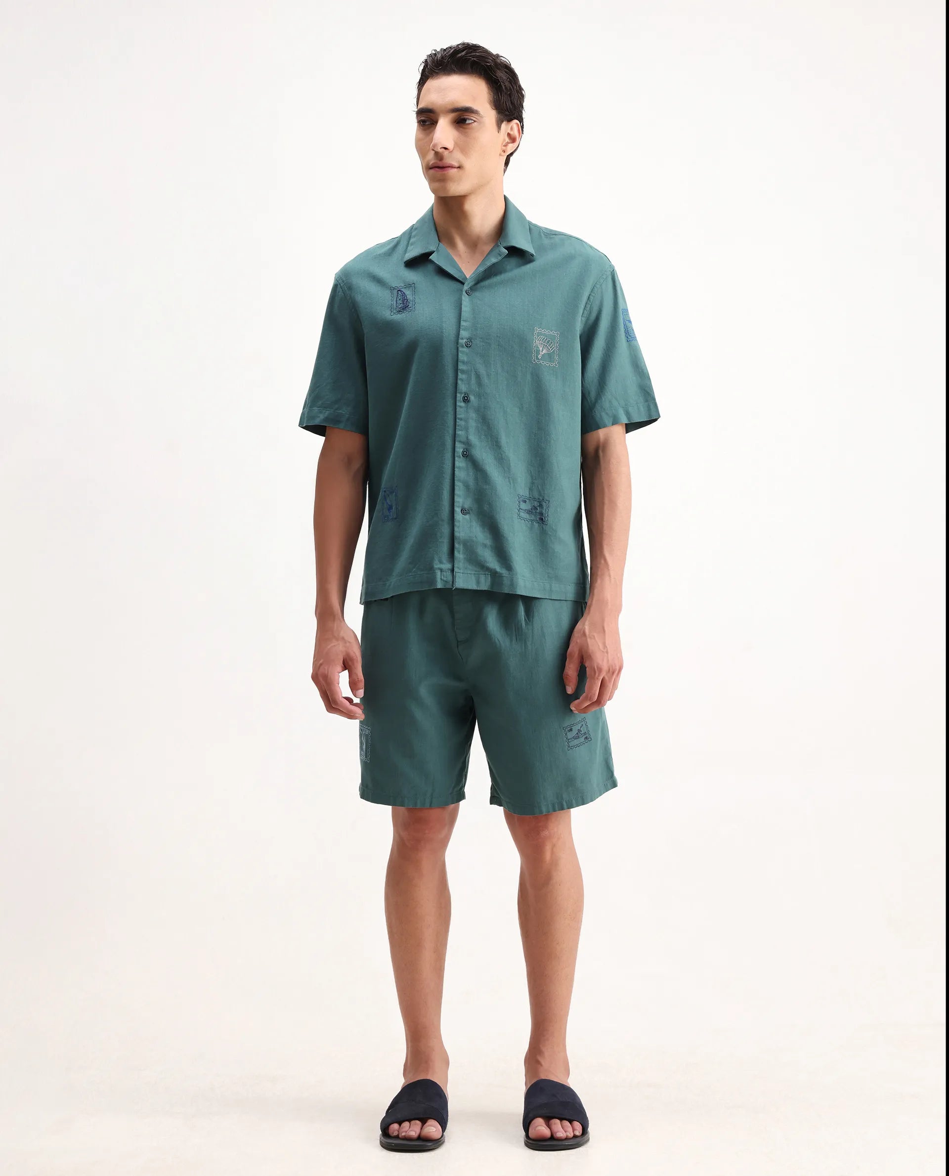 Rare Rabbit Men's Jarny-B Green Cotton Embroidered Regular Fit Shorts