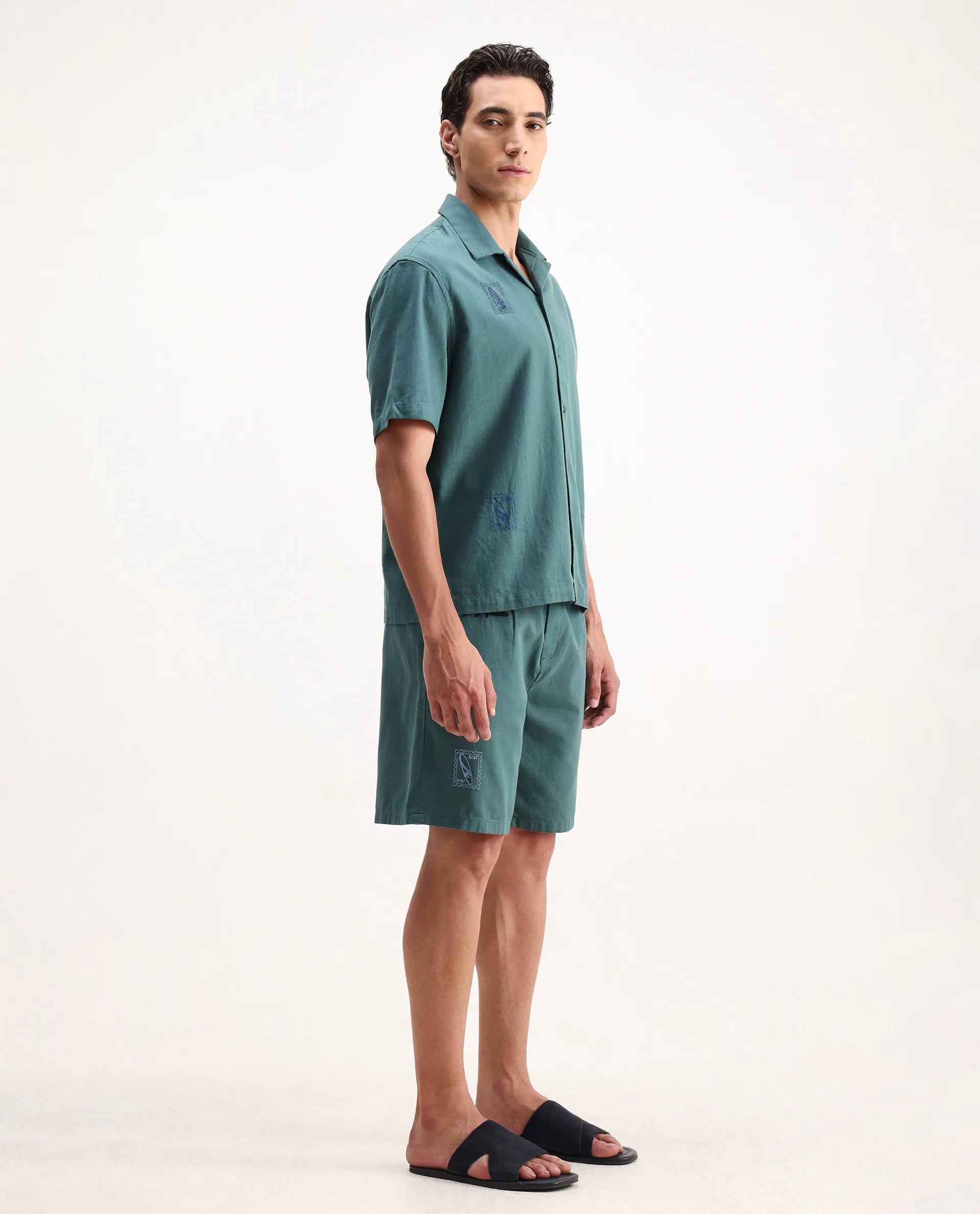 Rare Rabbit Men's Jarny-B Green Cotton Embroidered Regular Fit Shorts