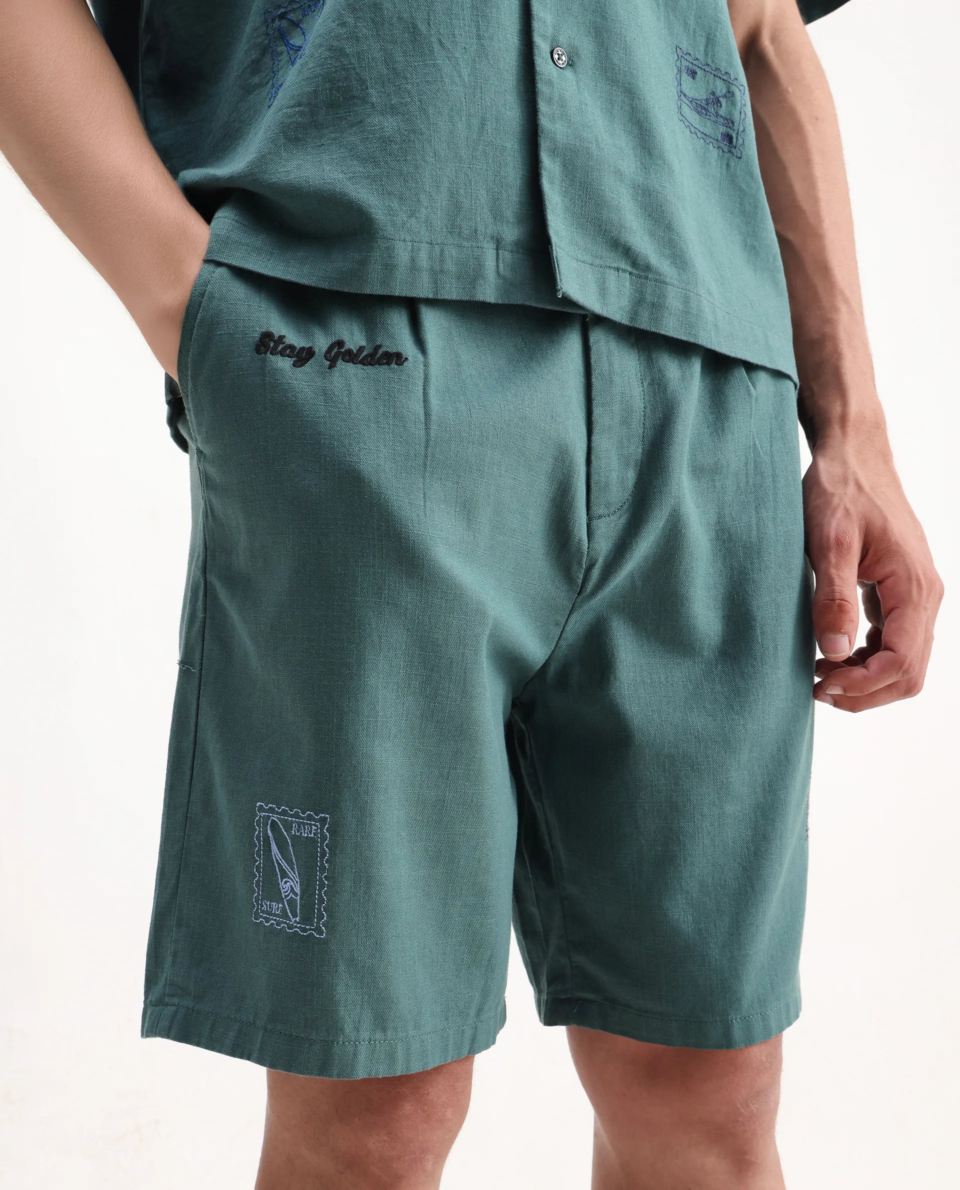 Rare Rabbit Men's Jarny-B Green Cotton Embroidered Regular Fit Shorts