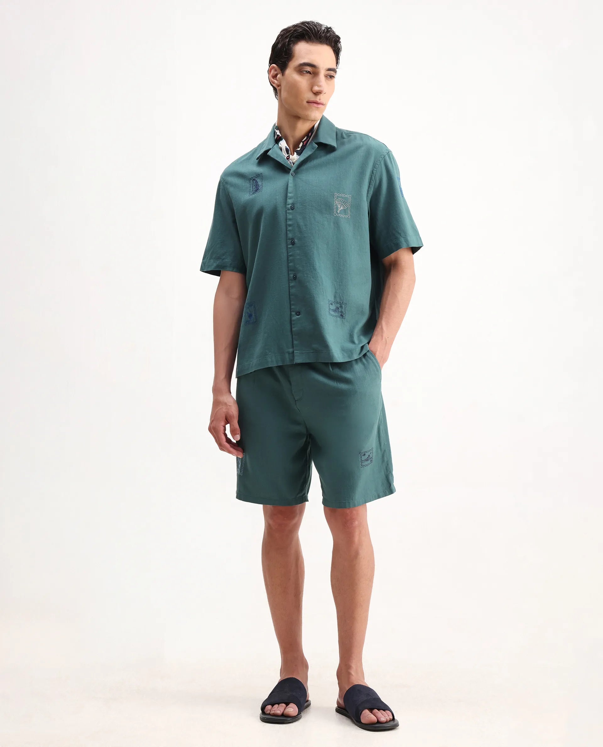 Rare Rabbit Men's Jarny-B Green Cotton Embroidered Regular Fit Shorts