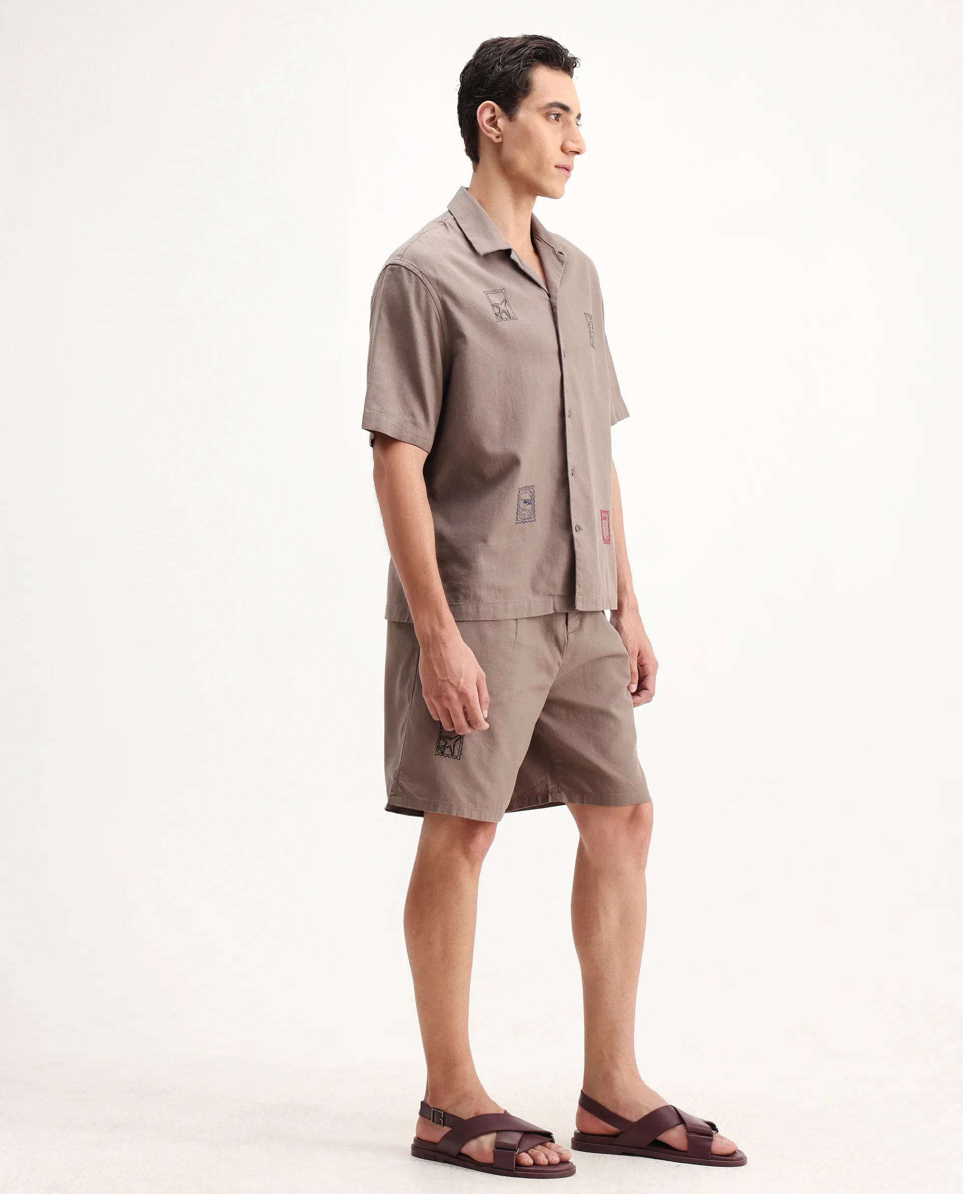 Rare Rabbit Men's Jarny-B Light Brown Linen Blend Embroidered Relaxed Fit Shorts