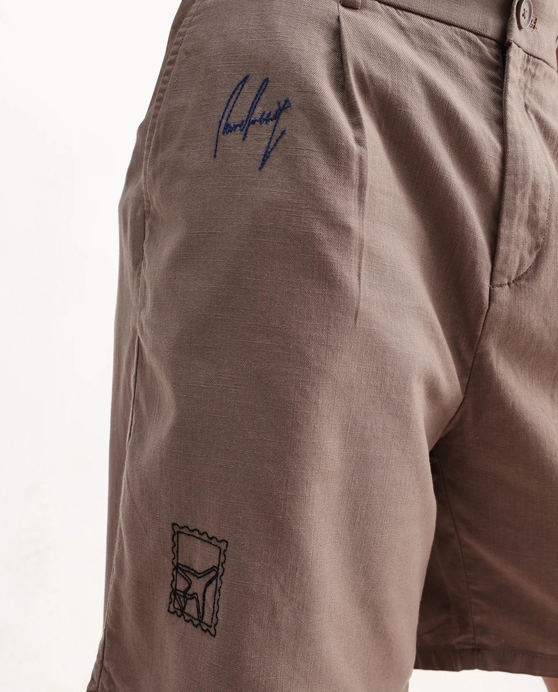 Rare Rabbit Men's Jarny-B Light Brown Linen Blend Embroidered Relaxed Fit Shorts