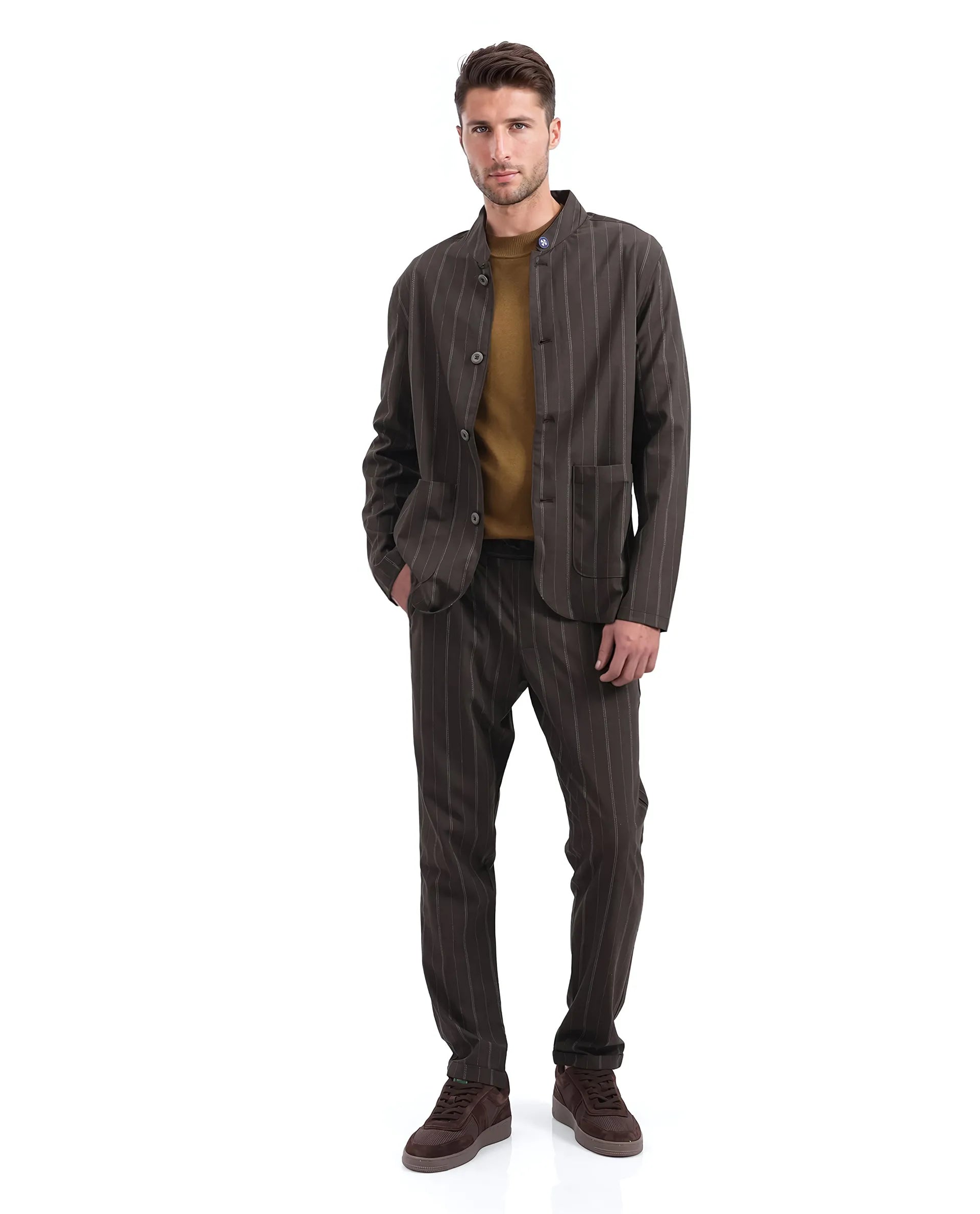 Rare Rabbit Men Jars Brown Polyester Viscose Fabric Full Sleeve Mandarin Collar Striped Jacket