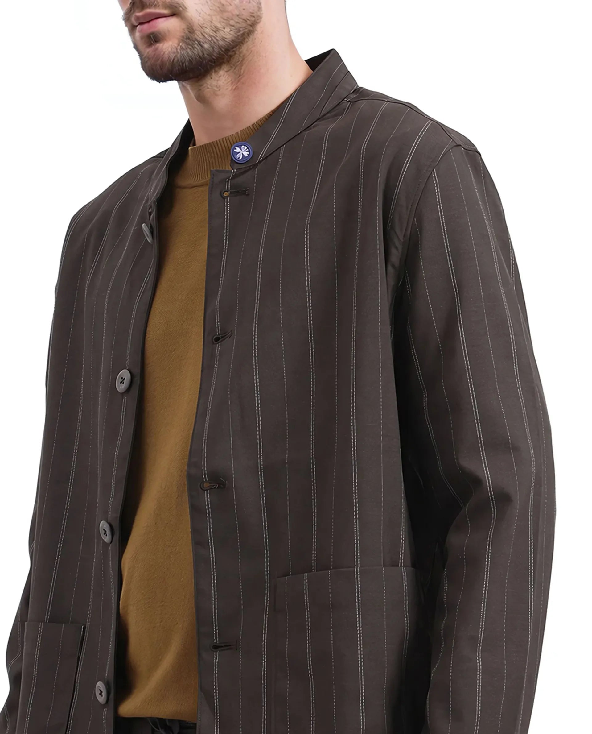 Rare Rabbit Men Jars Brown Polyester Viscose Fabric Full Sleeve Mandarin Collar Striped Jacket