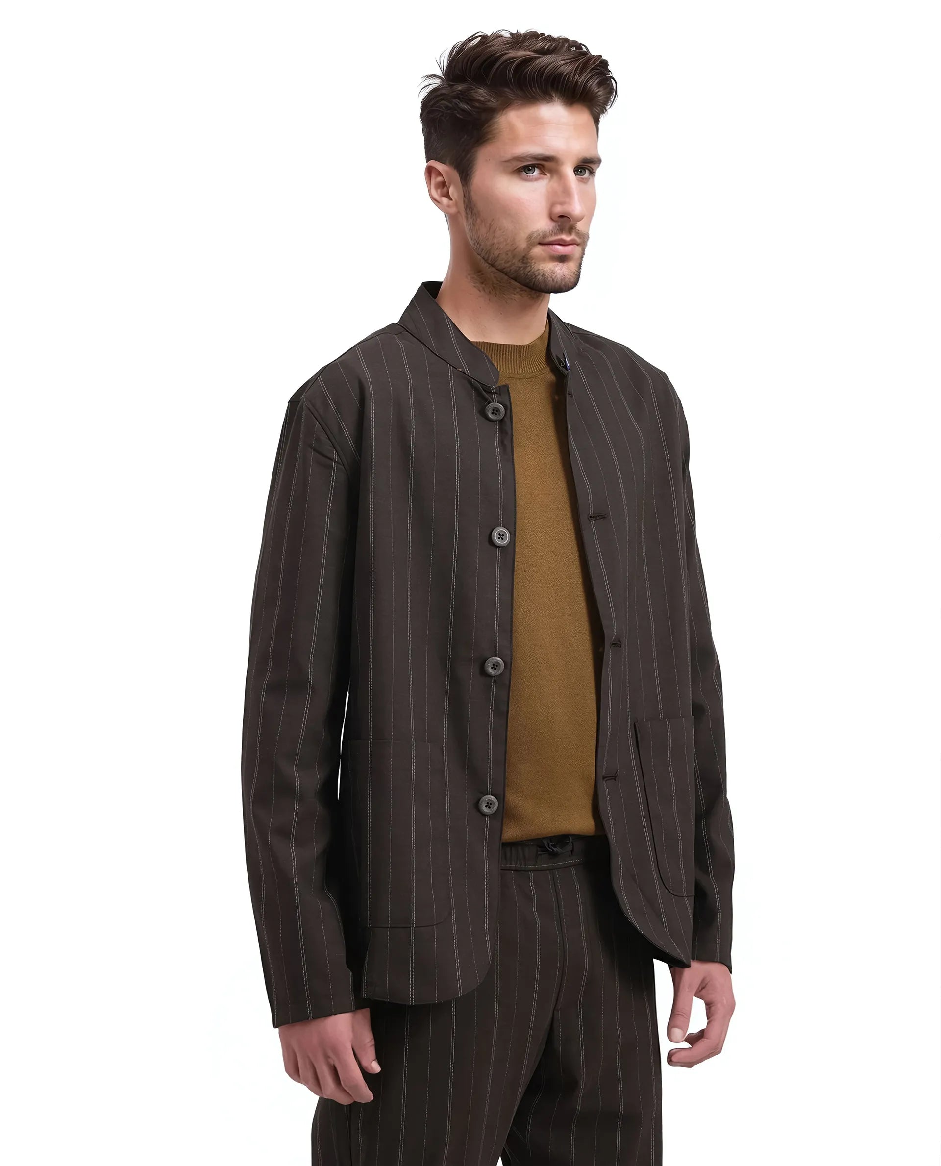 Rare Rabbit Men Jars Brown Polyester Viscose Fabric Full Sleeve Mandarin Collar Striped Jacket