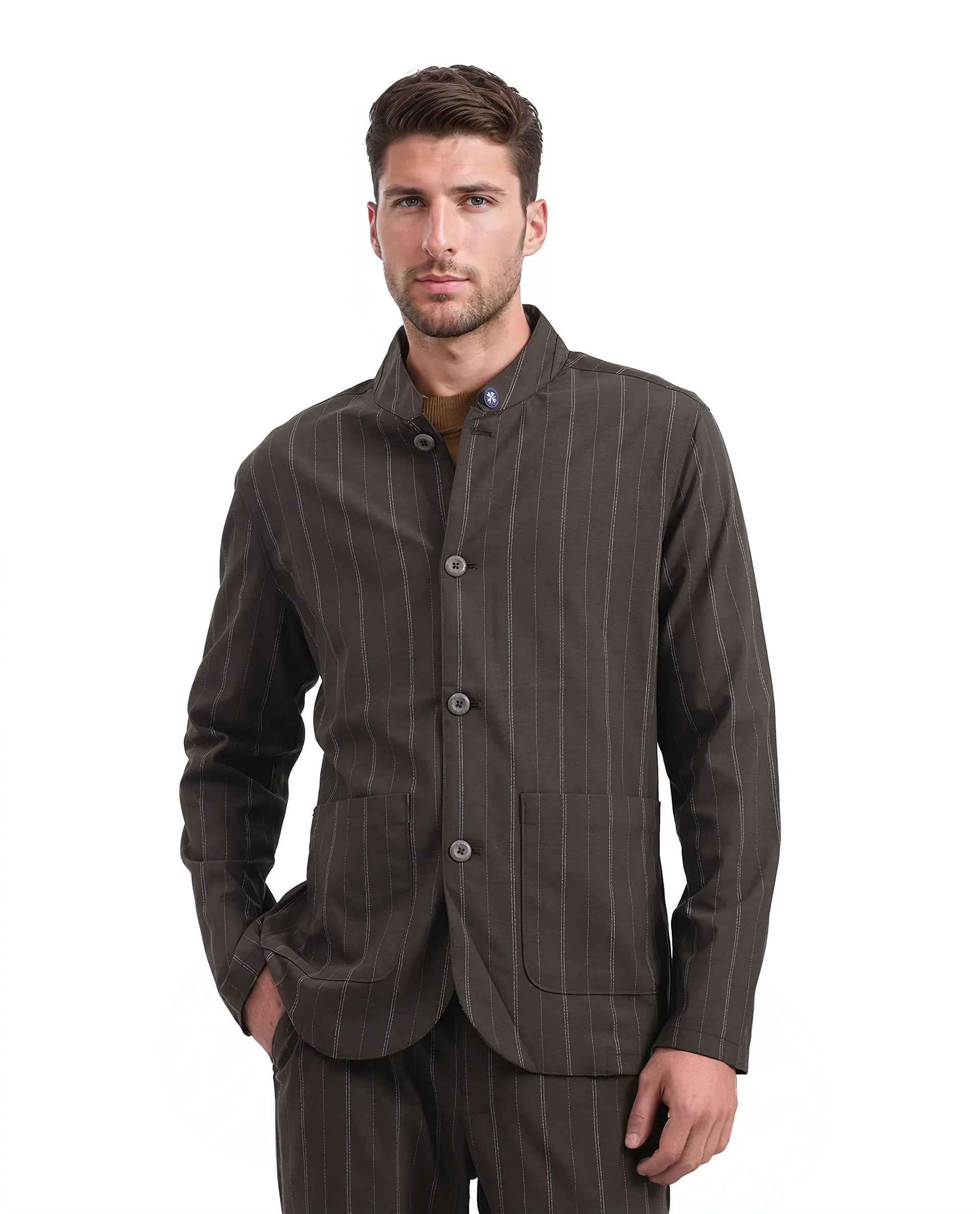 Rare Rabbit Men Jars Brown Polyester Viscose Fabric Full Sleeve Mandarin Collar Striped Jacket