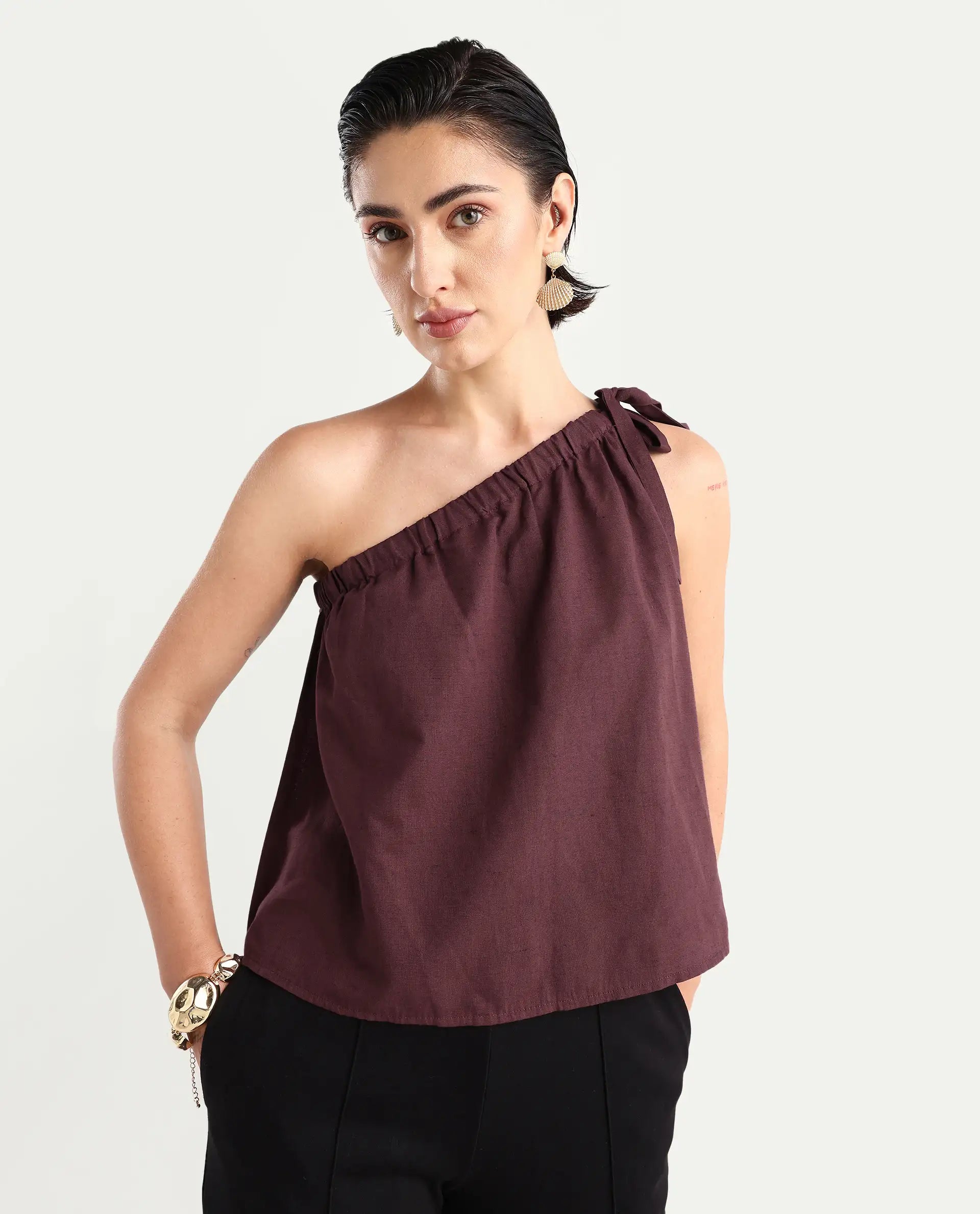 Rareism Women's Jarza Maroon Cotton Blend One Shoulder Plain One Shoulder Crop Regular Fit Top