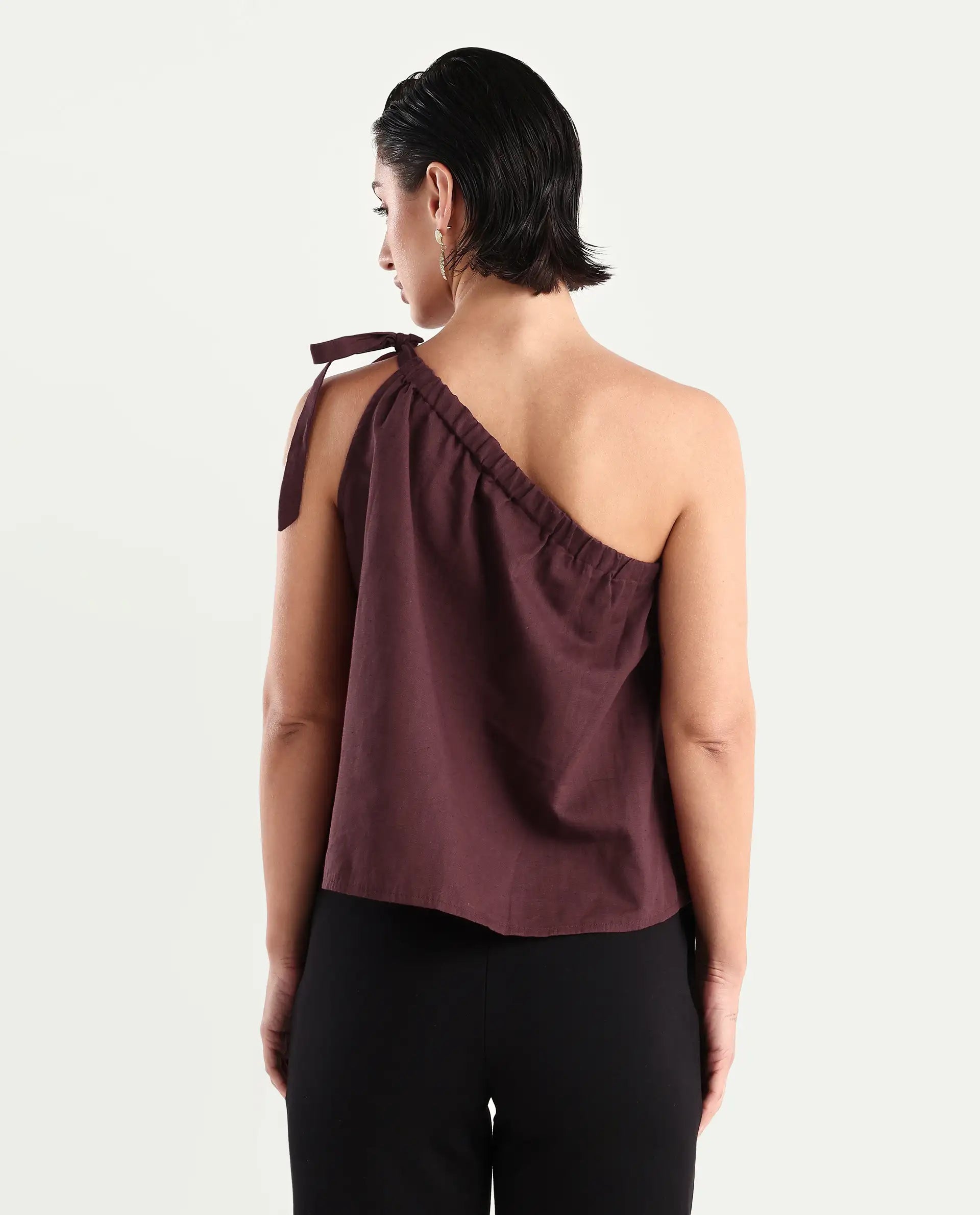 Rareism Women's Jarza Maroon Cotton Blend One Shoulder Plain One Shoulder Crop Regular Fit Top