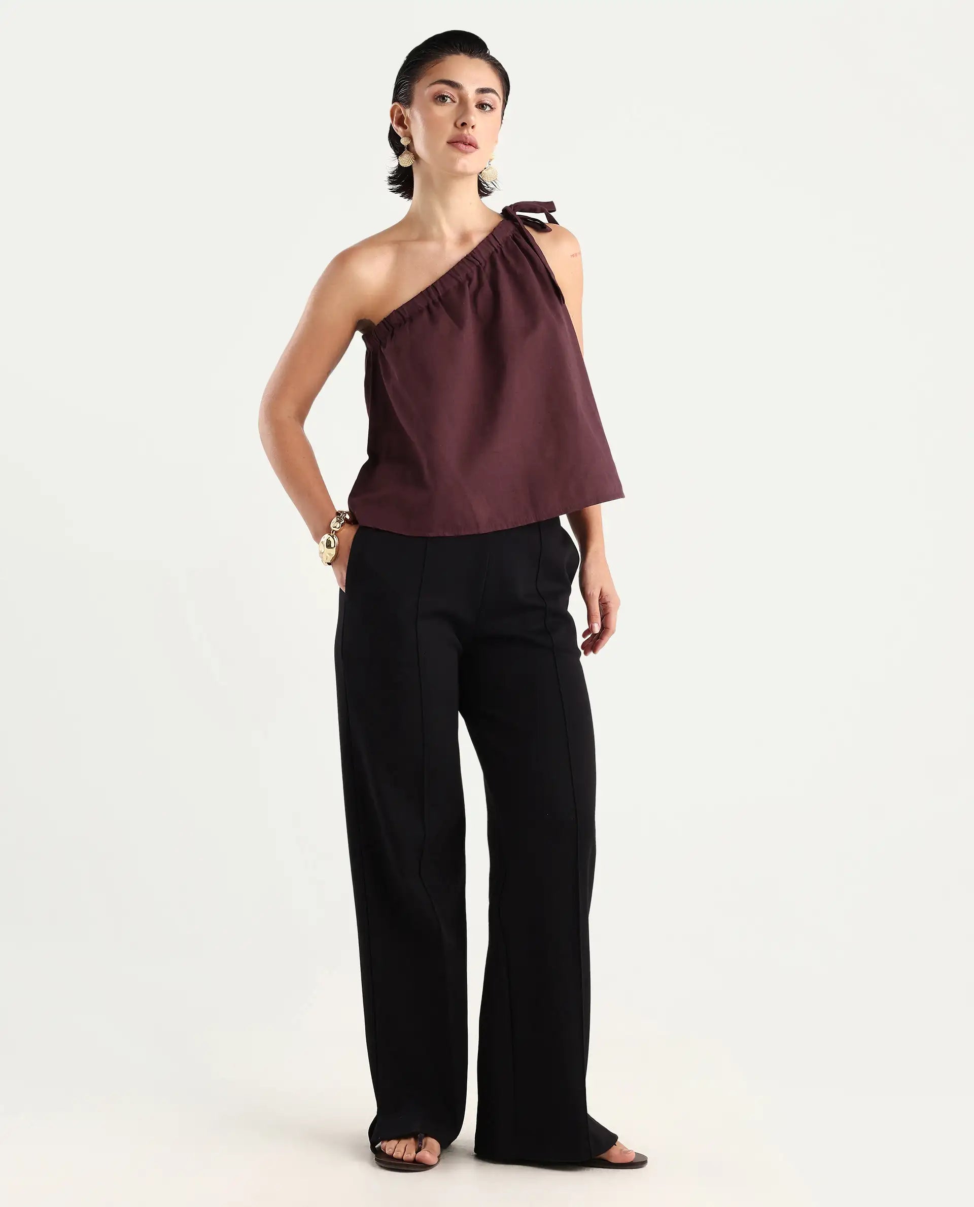 Rareism Women's Jarza Maroon Cotton Blend One Shoulder Plain One Shoulder Crop Regular Fit Top