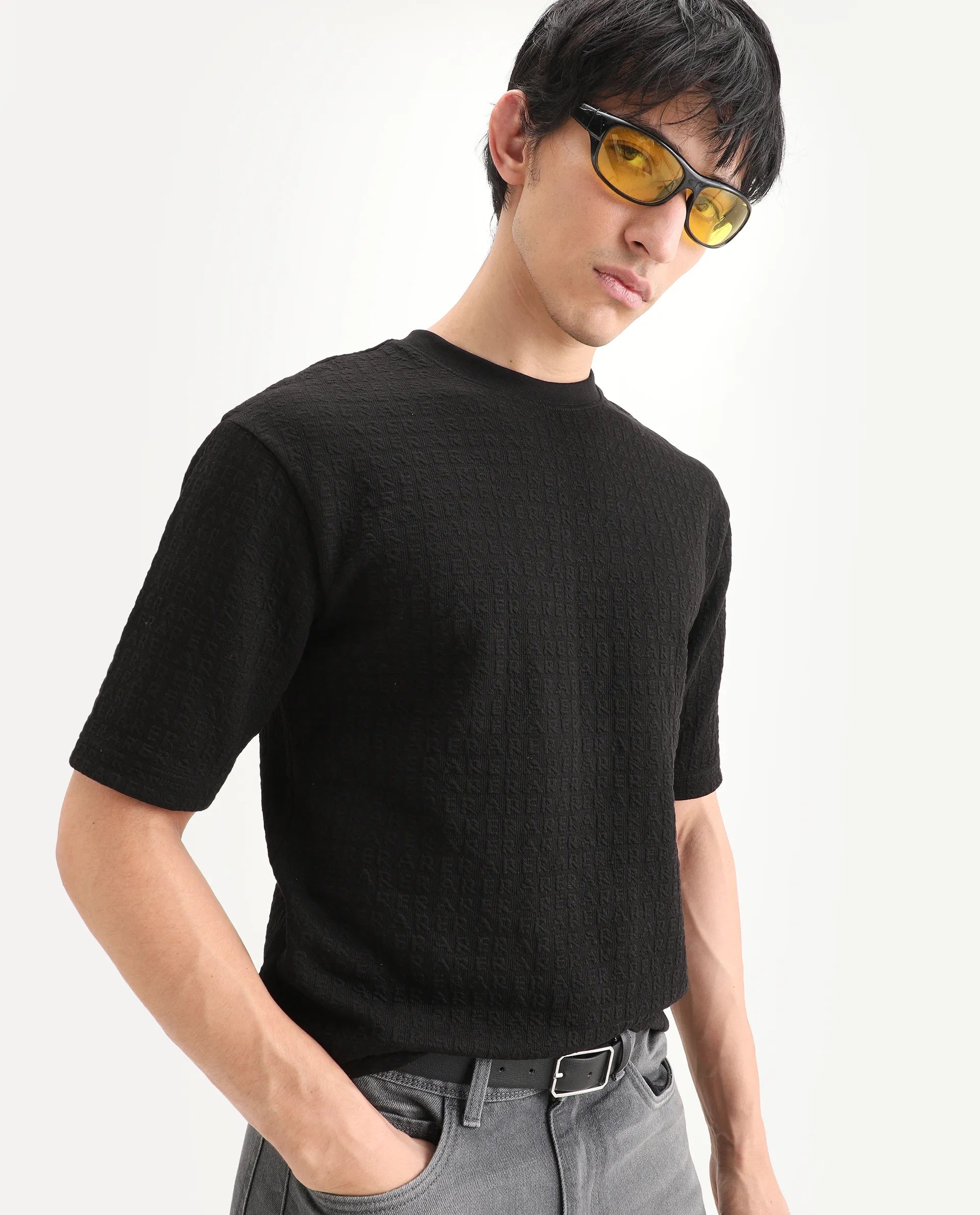 Rare Rabbit Men's Jas-2 Black Polyester Blend Fabric Half Sleeve Crew Neck Oversized Jacquard T-Shirt