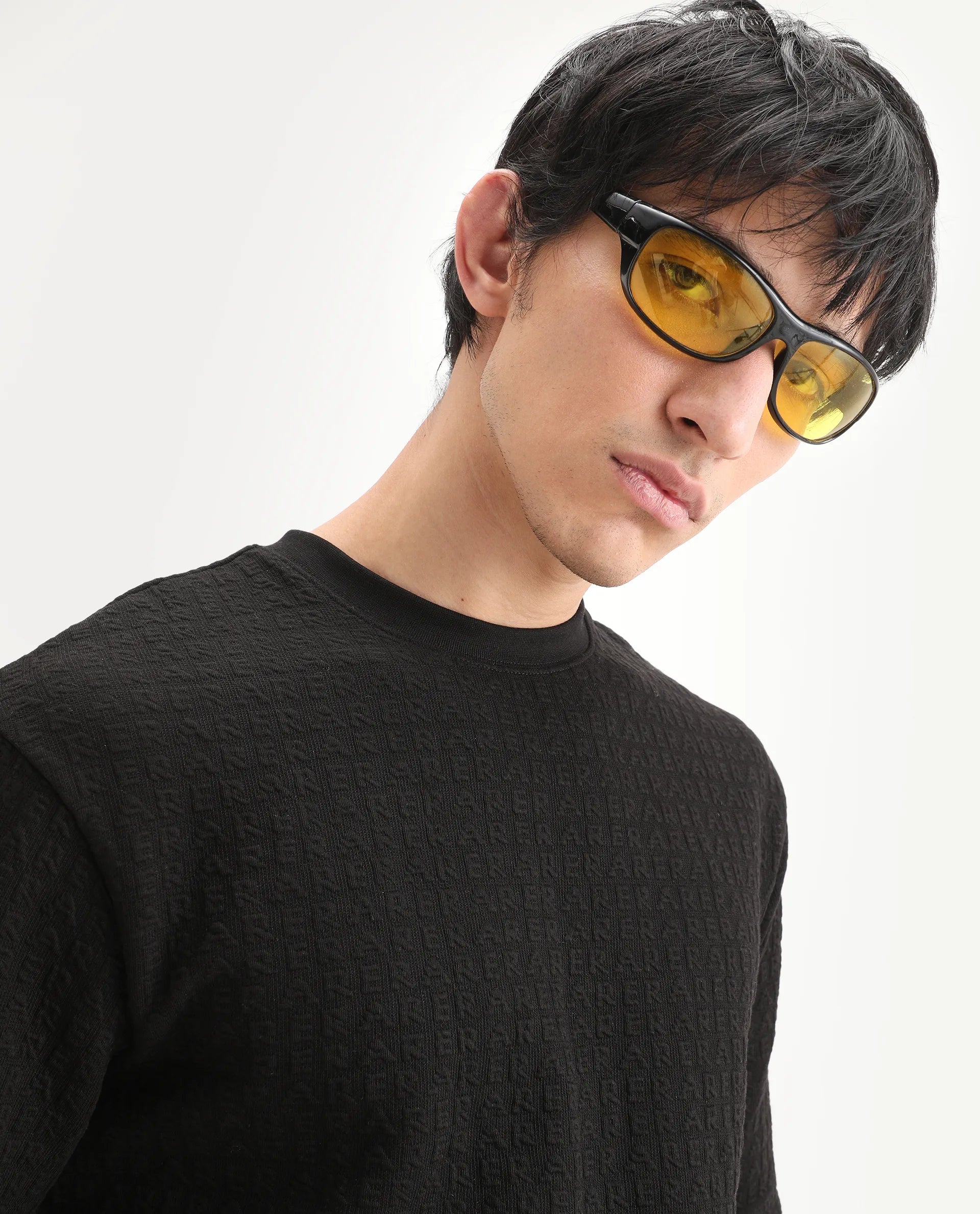 Rare Rabbit Men's Jas-2 Black Polyester Blend Fabric Half Sleeve Crew Neck Oversized Jacquard T-Shirt