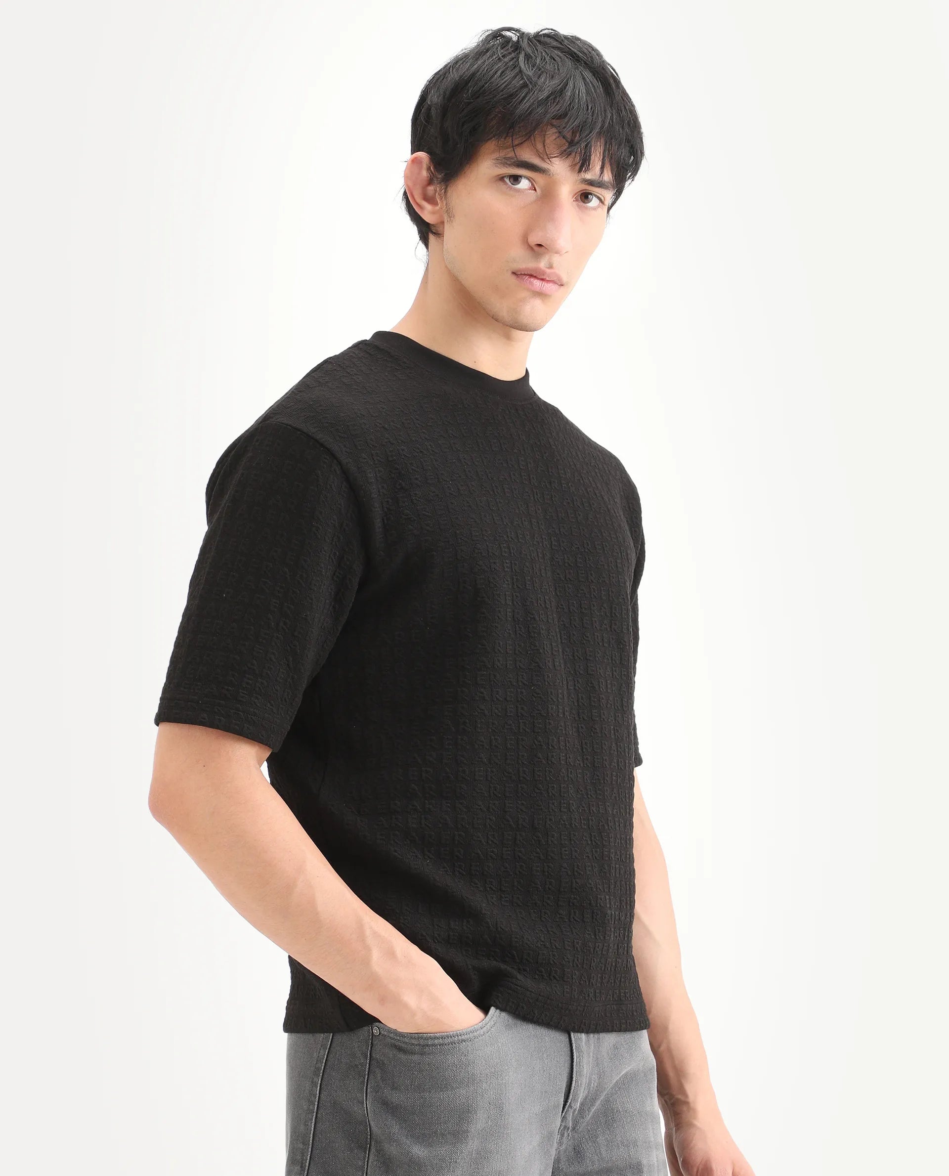 Rare Rabbit Men's Jas-2 Black Polyester Blend Fabric Half Sleeve Crew Neck Oversized Jacquard T-Shirt