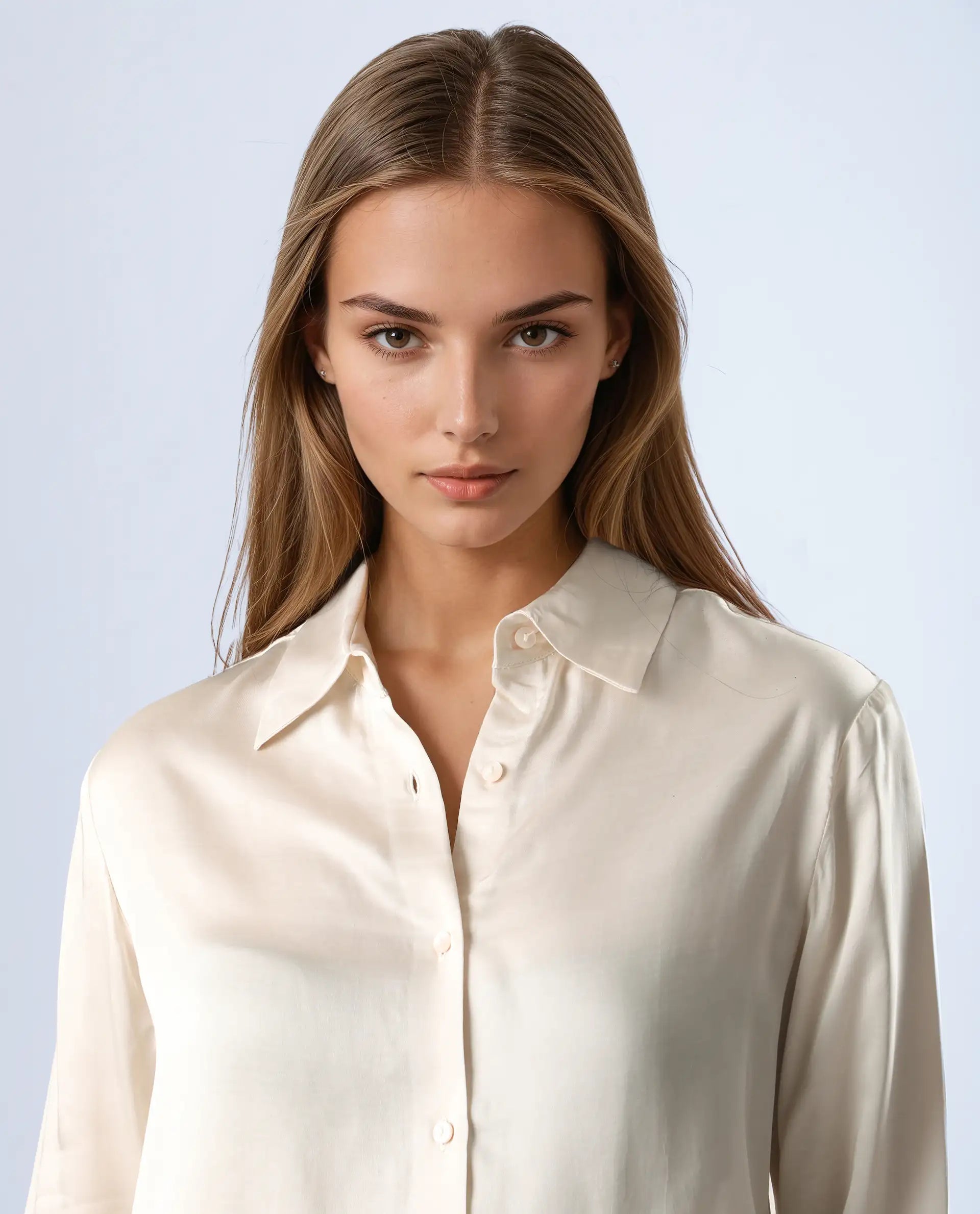Rareism Women's Jaux Beige Satin Collared Plain Cuffed Sleeve Regular Fit Shirt