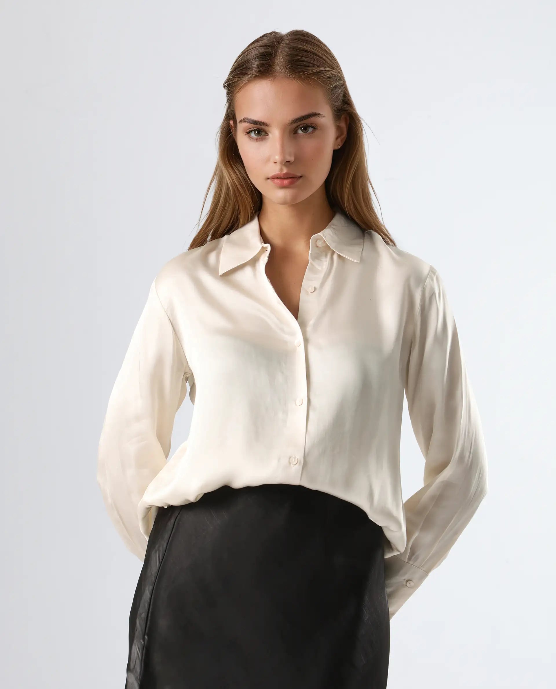 Rareism Women's Jaux Beige Satin Collared Plain Cuffed Sleeve Regular Fit Shirt