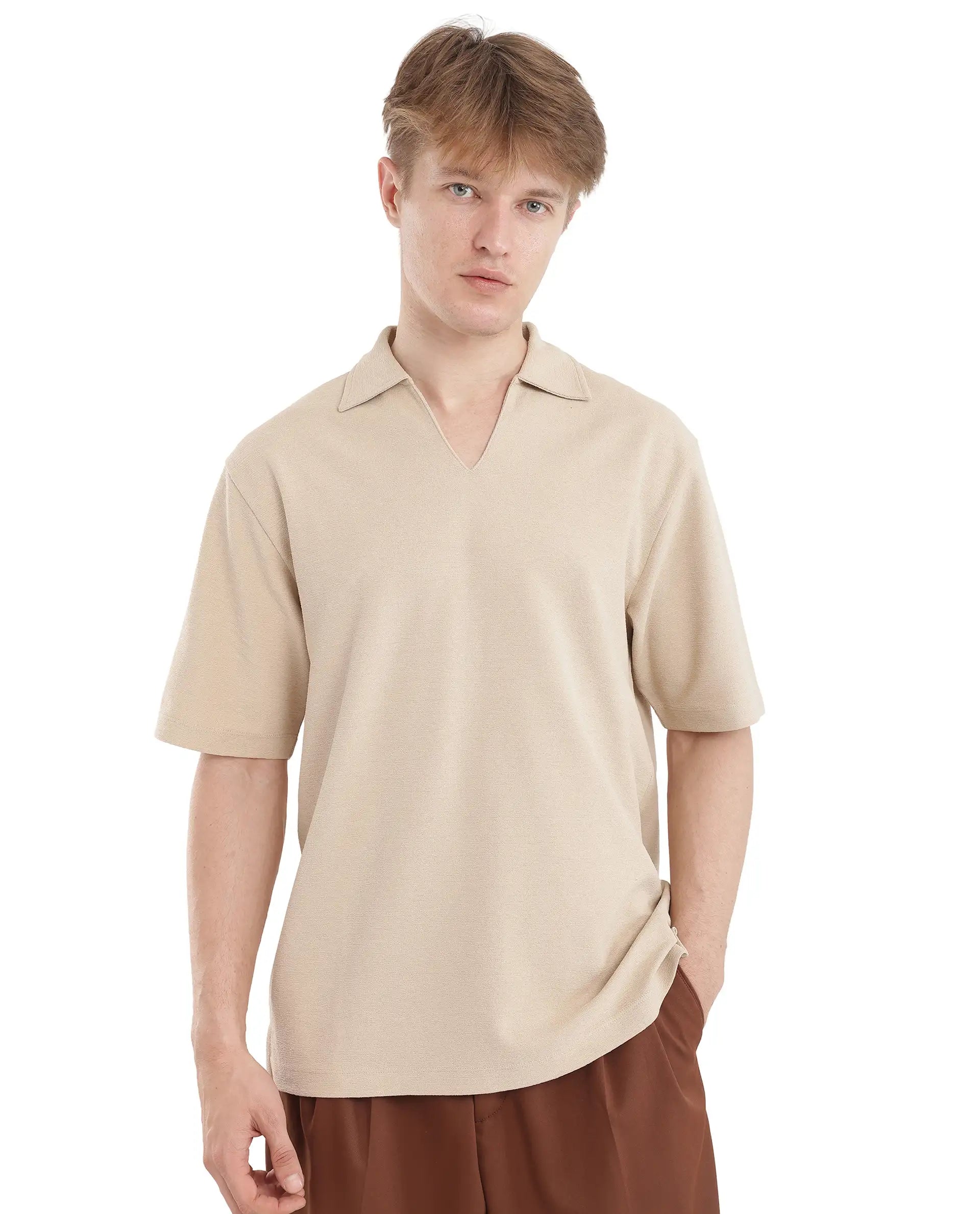 Rare Rabbit Men Jawal Beige Cotton Poly Fabric Short Sleeve Open Collar Oversized Fit Plain Polo