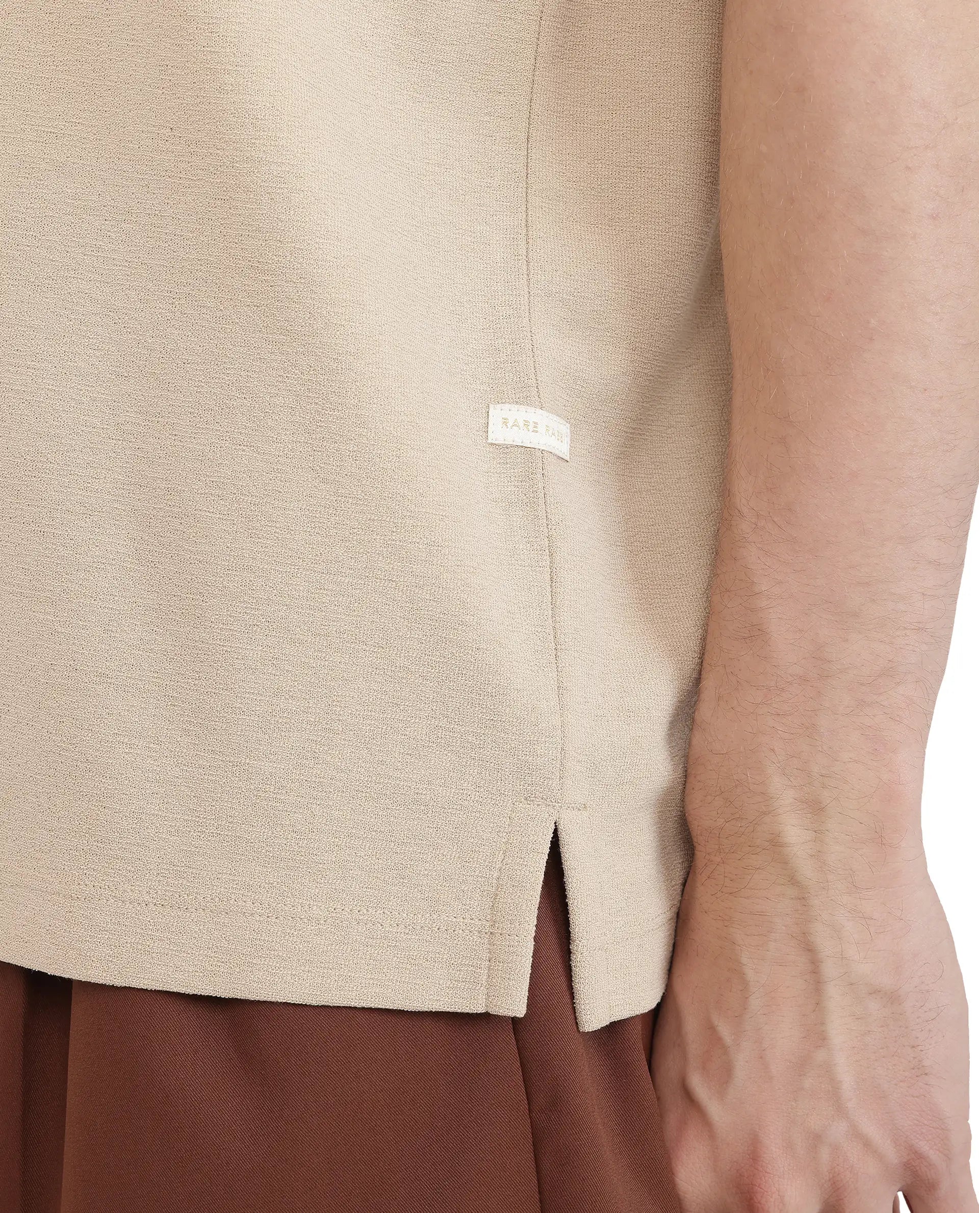 Rare Rabbit Men Jawal Beige Cotton Poly Fabric Short Sleeve Open Collar Oversized Fit Plain Polo